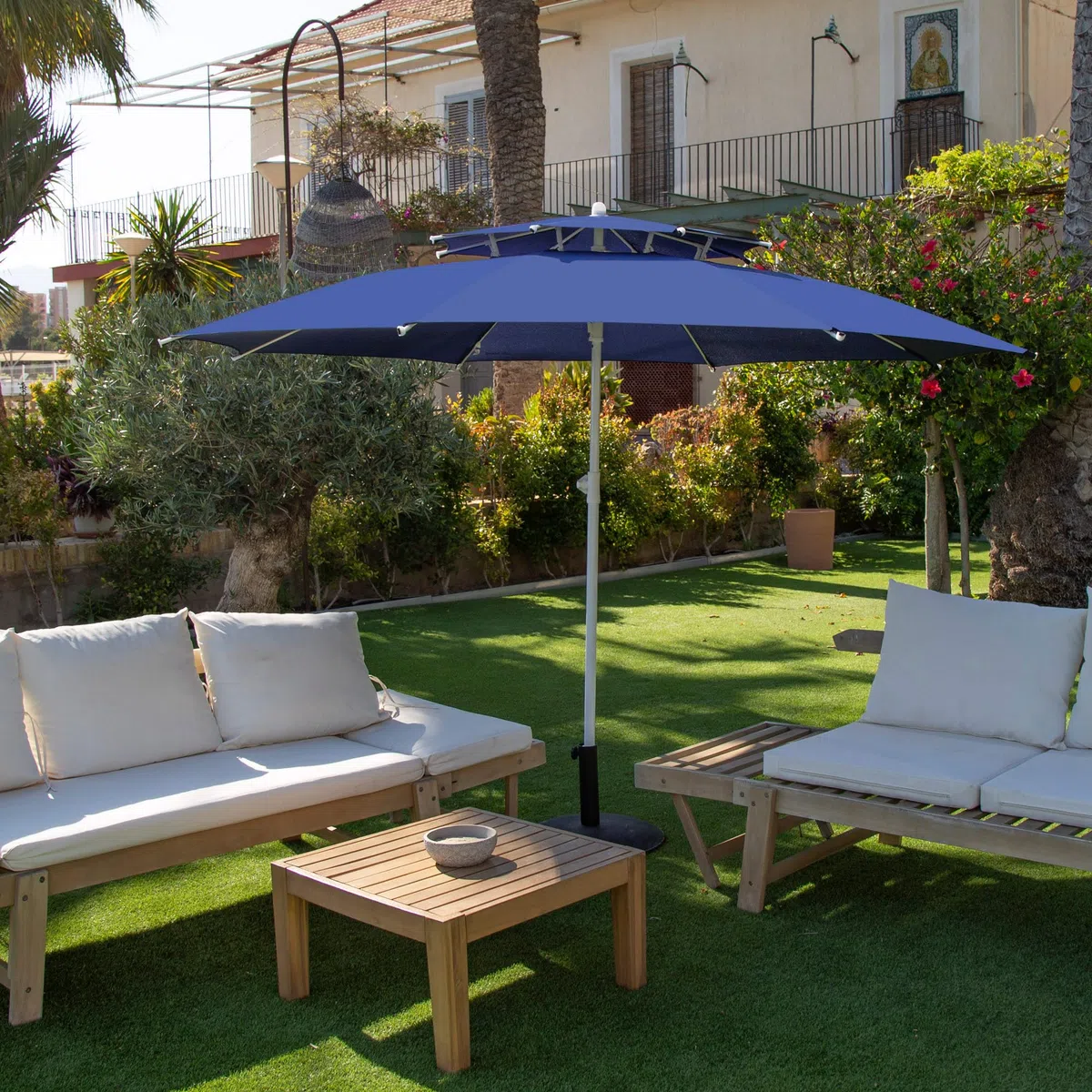 AKTIVE Parasol de plage coupe-vent, 280 cm, Bleu marine, Tissu polyester, Protection UV30, Poteau métallique réglable, Capote ventilée, 8 baleines en fibre de verre