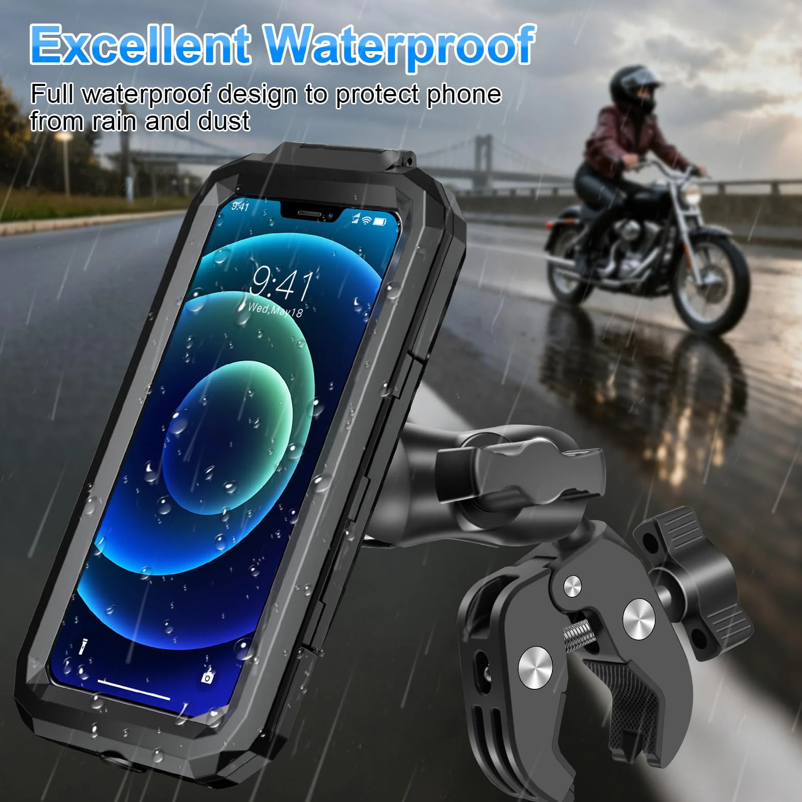 Support Téléphone Moto Etanche Universel Support Telephone Vélo 720° Rotation Pivotant Support pour Guidon avec Bras Extension Métal Écran Tactile pour 5,5-7,0 Pouces Smartphone (Noir)