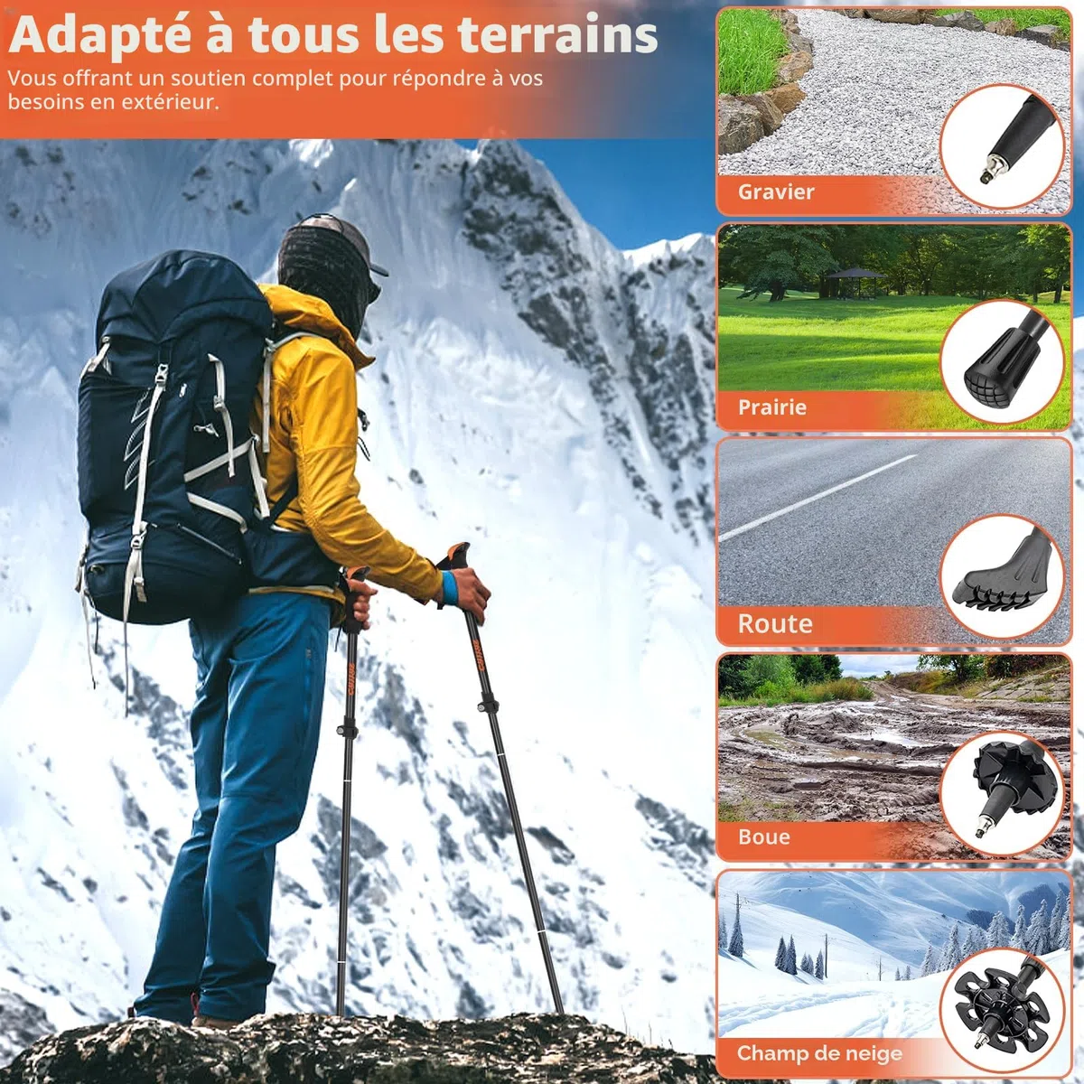 2Pcs Baton de Marche Pliable, Bâtons de Randonnée, Réglables 108-135cm, Batons de Marche Nordique, Baton de Randonnée en Aluminium, avec 5 Paires de Tampons en Caoutchouc, pour Trekking