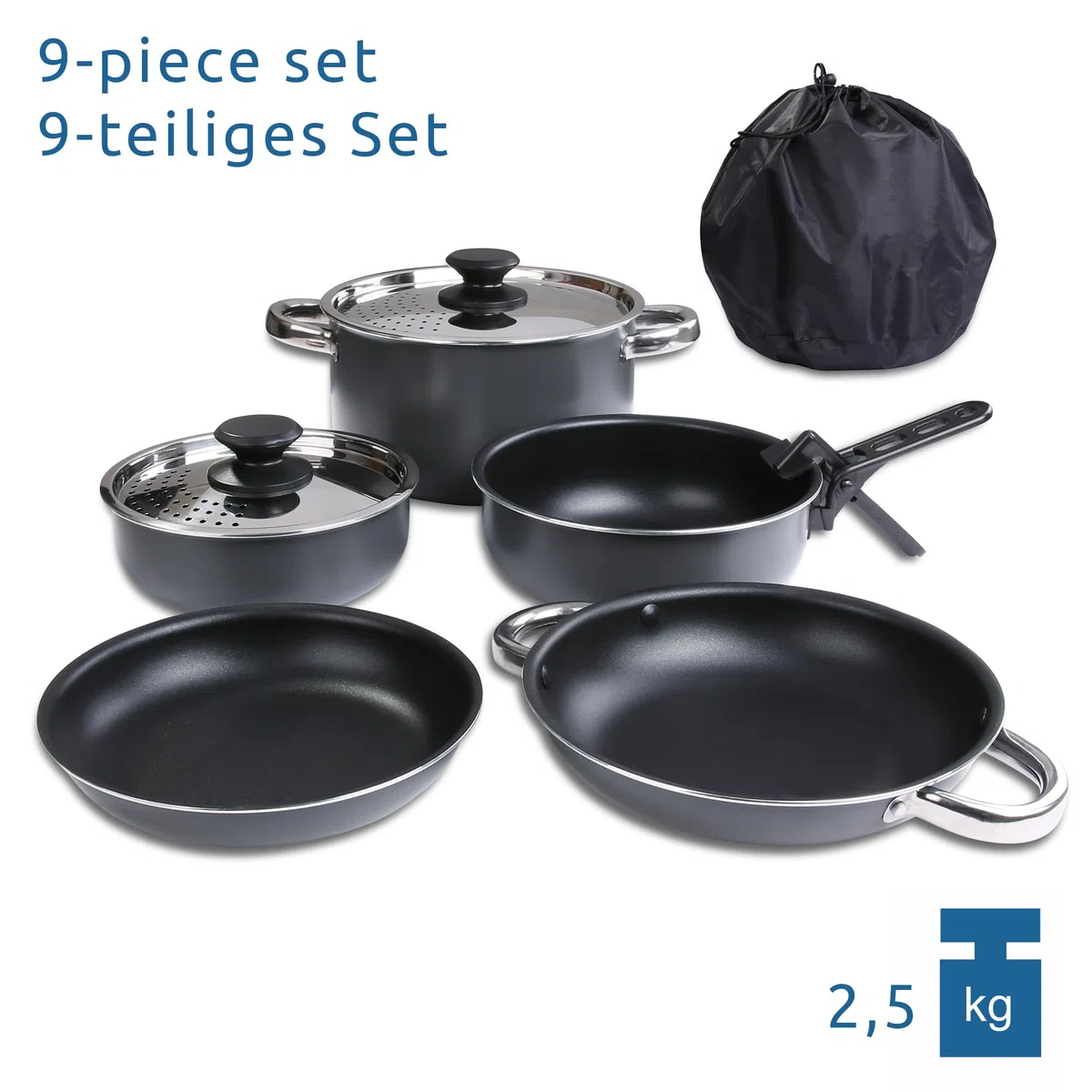 your GEAR Ranger Family Batterie de cuisine de camping 9 pièces en aluminium – Batterie de cuisine d'extérieur empilable avec revêtement antiadhésif – Batterie de cuisine de camping pour 6 personnes