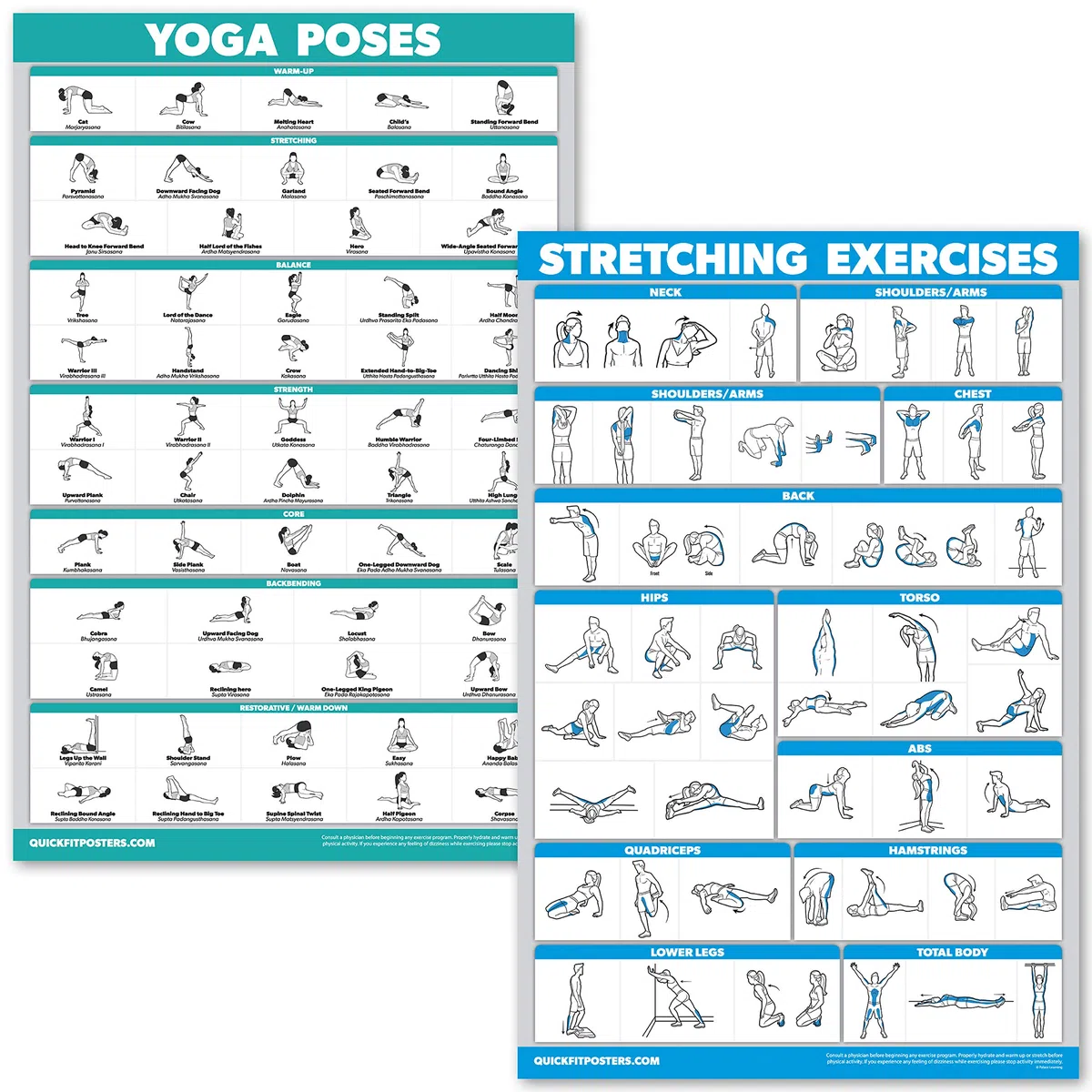 QUICKFIT Lot de 2 posters laminés pour postes de yoga et exercices d'étirement – Positions de yoga et exercices d'étirement (45,7 x 68,6 cm)