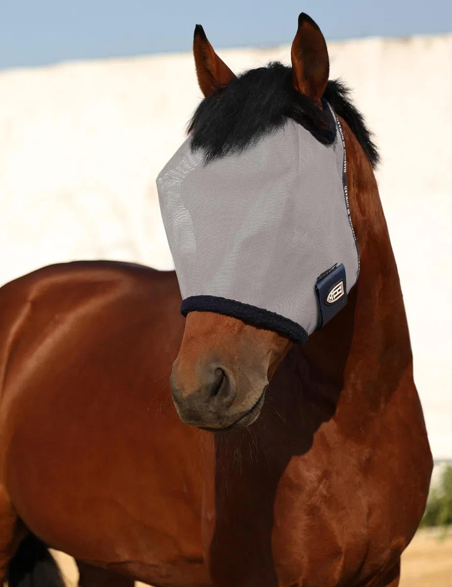Harrison Howard Masque Anti-Mouches en Maille pour Cheval Protection UV avec Bordure rembourrée en Polaire Gris Taille L