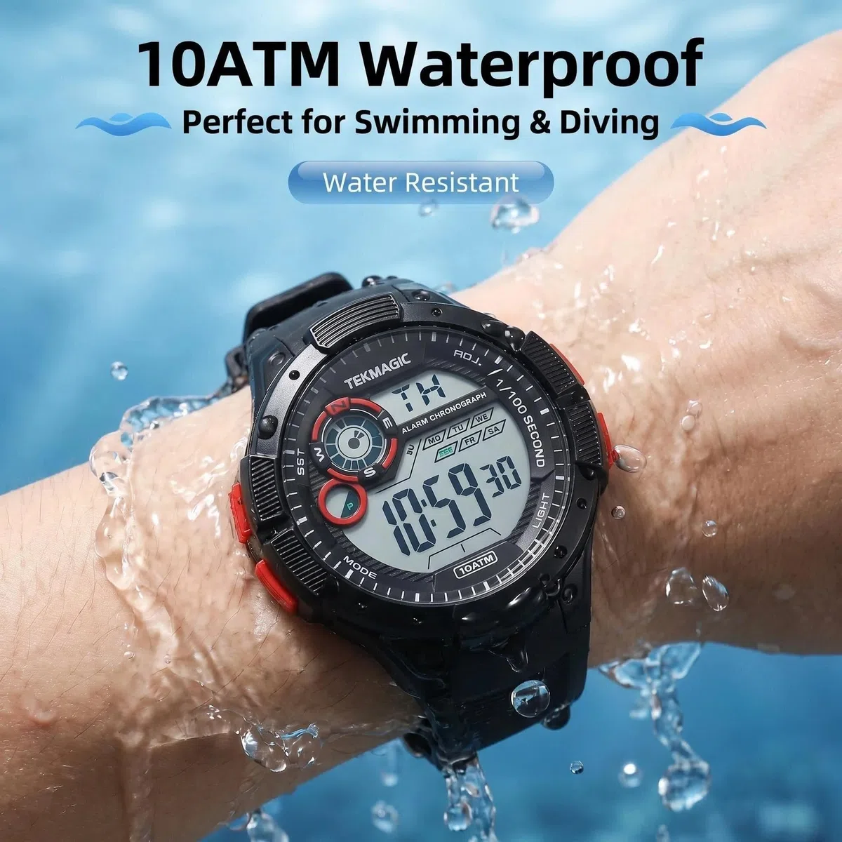 Montre Résistant l'eau 10 ATM 100m Lumineux Montre de Natation Submersible avec Fonctions Réveil, Chronographe, Double Fuseau Horaire, Format 12/24 Heures Sélectionnable