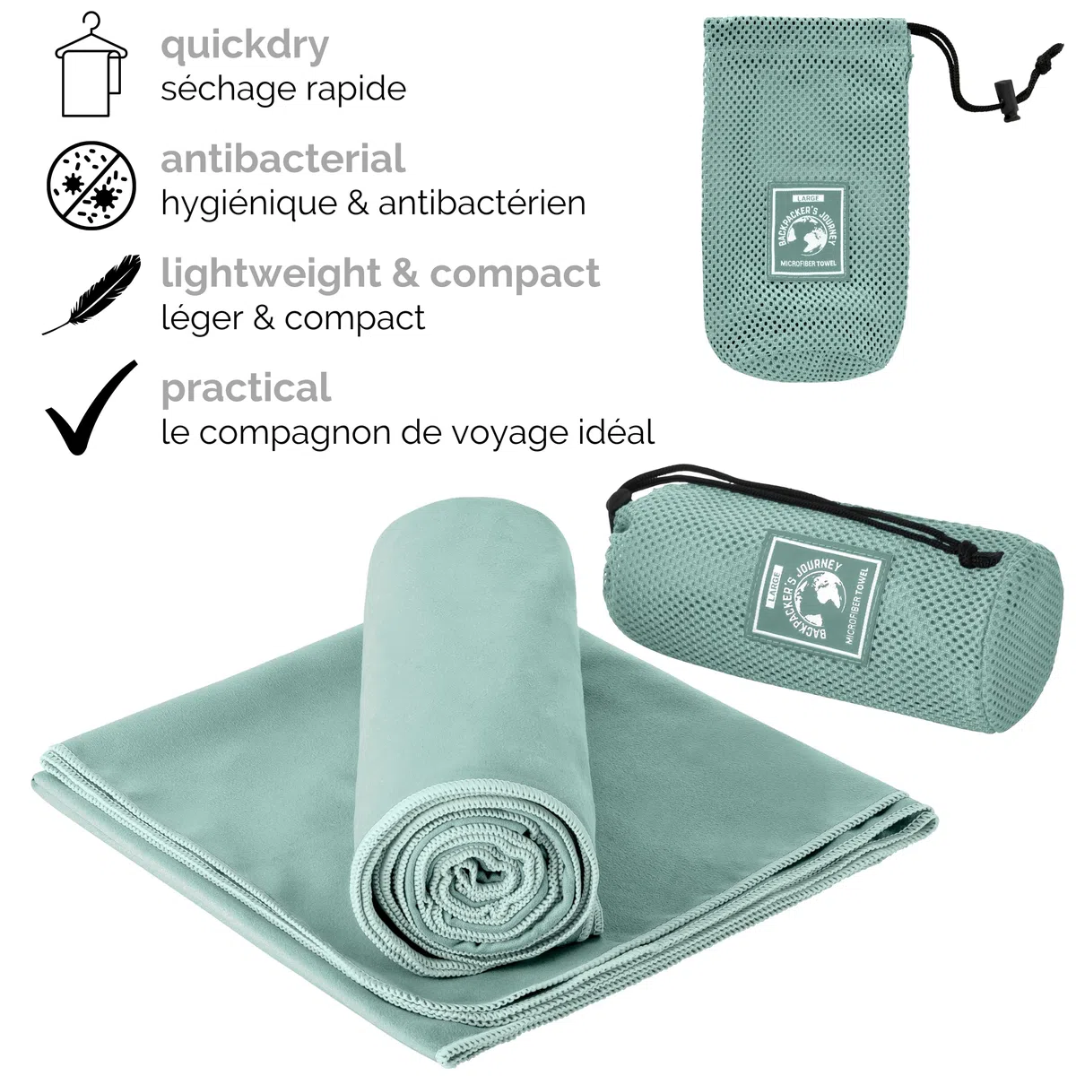 Backpacker's Journey Serviette Microfibre, Serviette Sport Musculation, Serviette Piscine compacte, Ultra-légère et Rapidement sèche, Serviette de Bain Microfibre Parfait pour Sport et la Plage