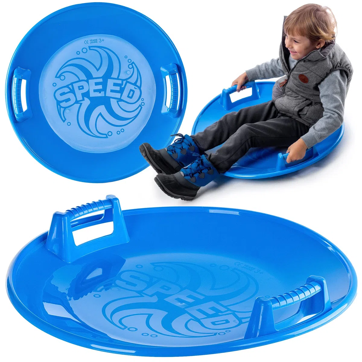 KADAX Luge ronde de 65 cm de diamètre pour enfants et adultes, grande assiette en plastique, avec 2 poignées, légère