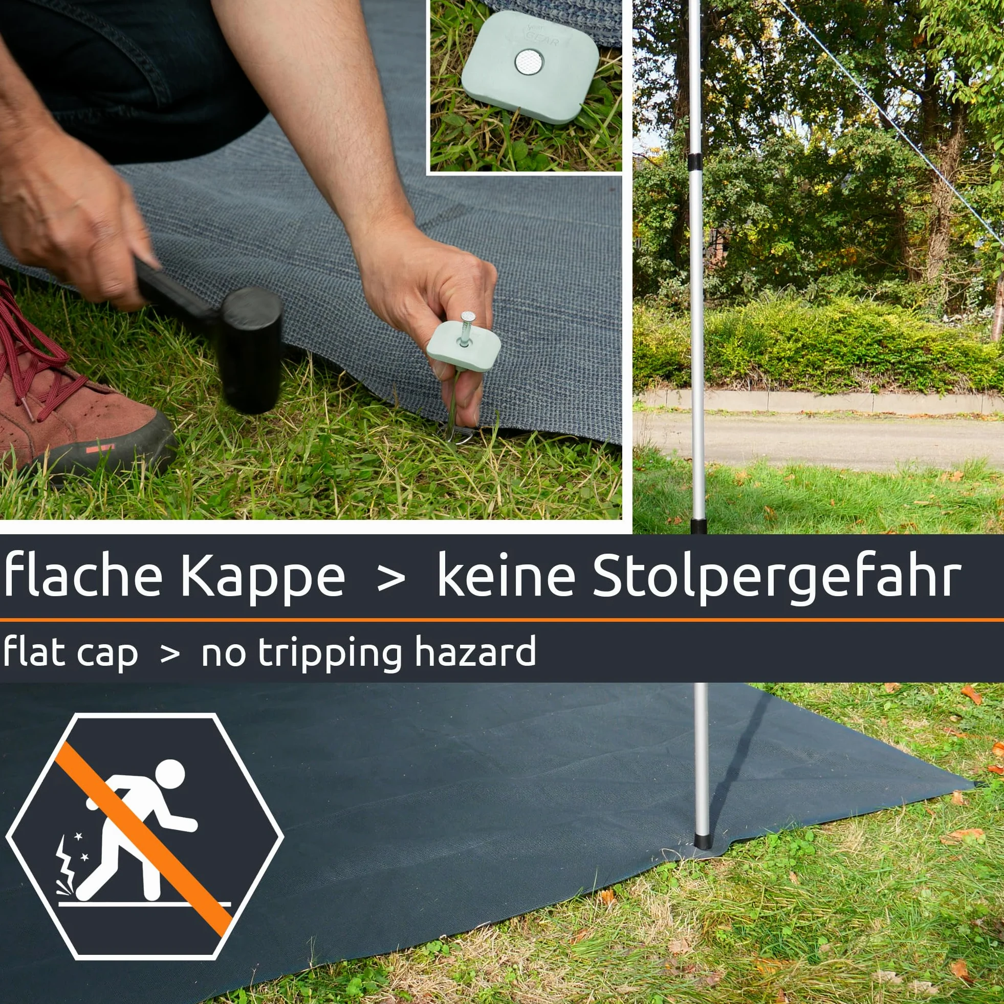 your GEAR Tapis doux d'extérieur - 8 tailles de 200 x 300 à 300 x 600 cm - Tapis d'auvent doux - Tapis de tente - Tapis de camping avec clips, piquets et sac de transport - Découpable - 3 x 6 cm