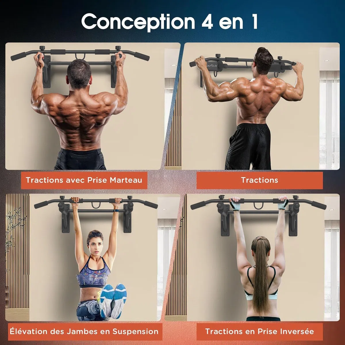 DH FitLife Barre de Traction 4 en 1 pour Montage Mural, Charge jusqu'à 200kg | Chevilles d'Expansion | Poignées Antidérapantes | Compatible avec Sac de Frappe & Entraîneur de Sangles