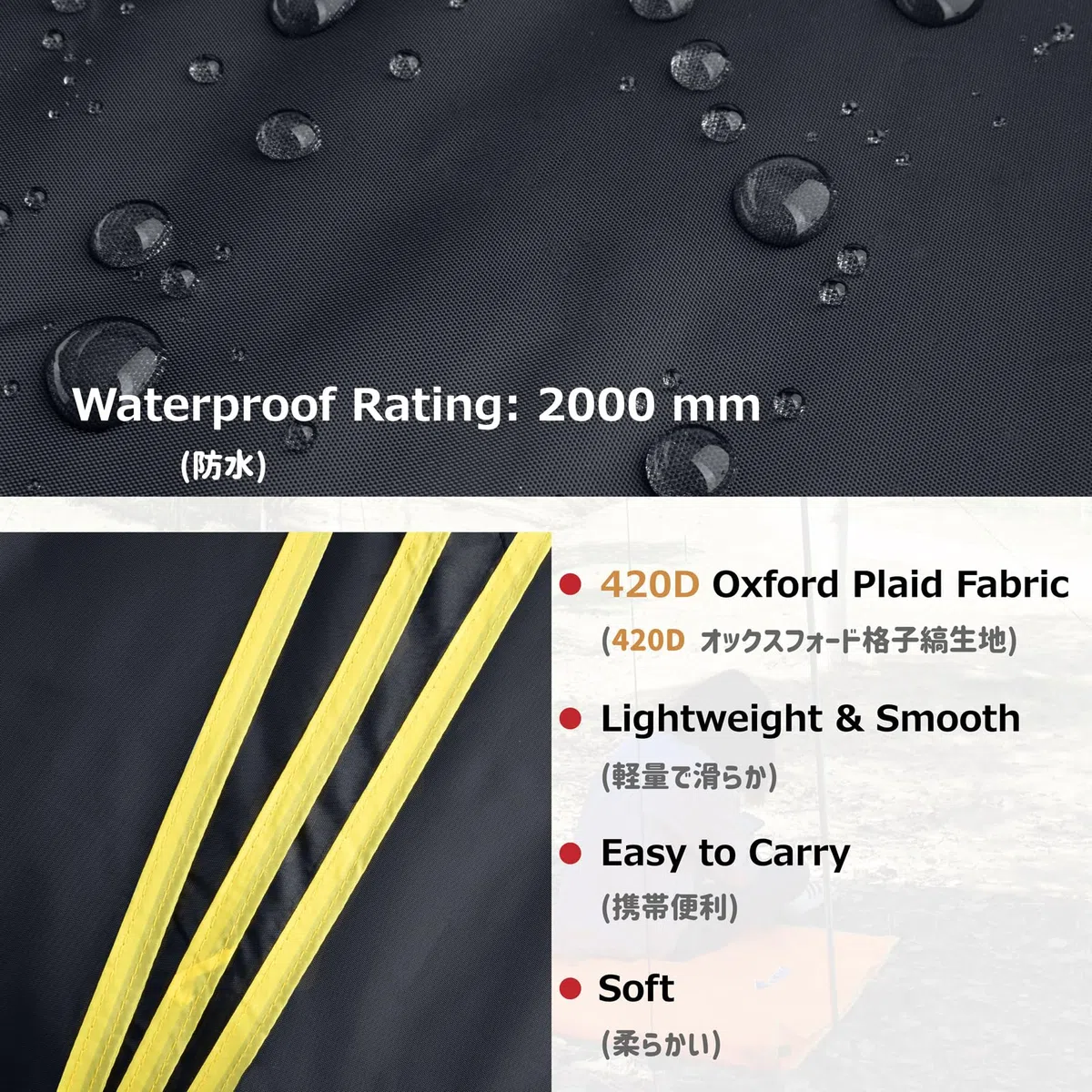Azarxis Bâche Anti-Pluie Tarp Bivouac Toile de Tente Tapis de Sol Camping Bâche de Tente Auvent pour Randonnée Plage Pique-Nique (Noir, M - 180 x 220 cm)
