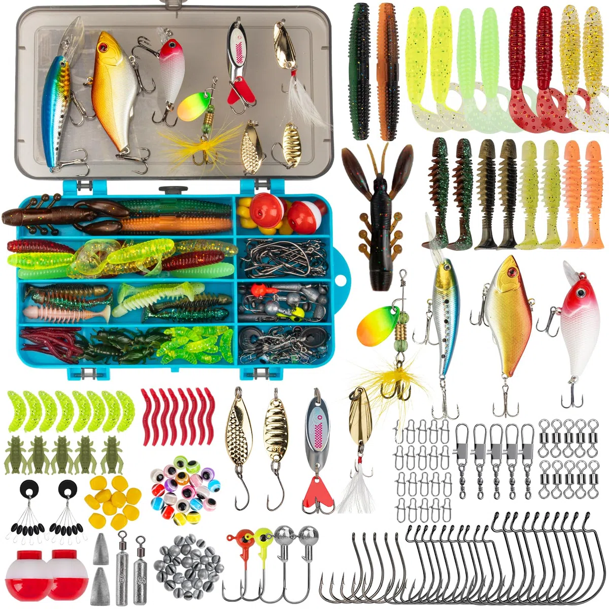 THKFISH Kit de leurres de pêche, boîte de 153 pièces avec matériel inclus Crankbaits, Spinner, cuillère, crochets lestés et autres accessoires pour bar, truite, eau douce et eau salée, cadeau pour