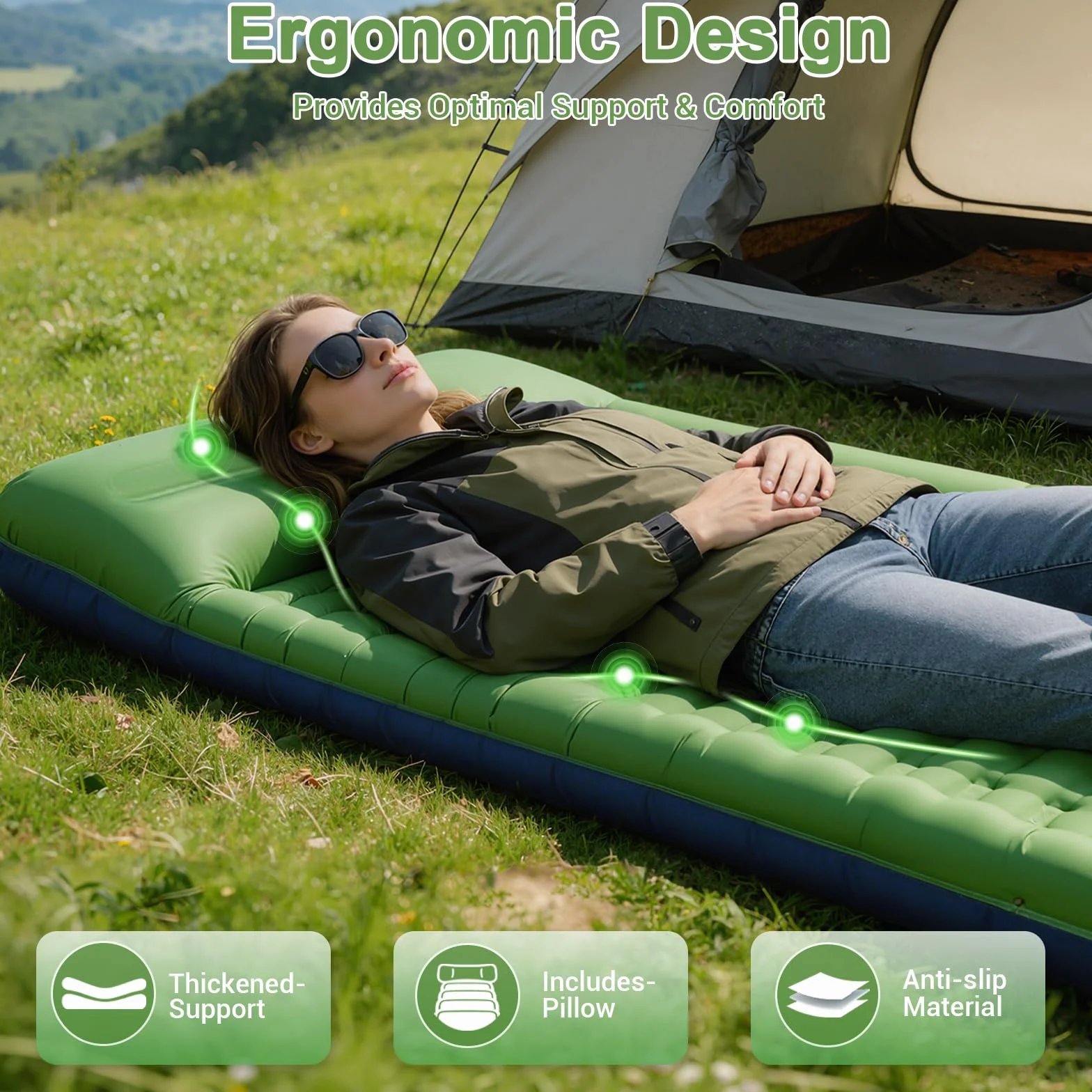 Matelas Gonflable 1 Place, Matelas Camping Gonflable Ultra Léger avec Oreiller et Pompe à Pied intégrée, Matelas Gonflable Extra-épais Résistant à l'Eau Portable pour Randonnée/Tente Bleu Verdâtre
