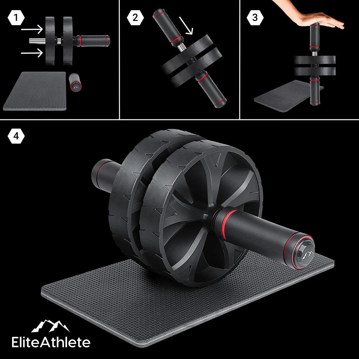EliteAthlete Roue Abdominale - Roulette Abdominaux - AB Wheel - Rouleau Abdo - Abdos musculation appareil de sport fitness - AB Roller incl. tapis rembourré