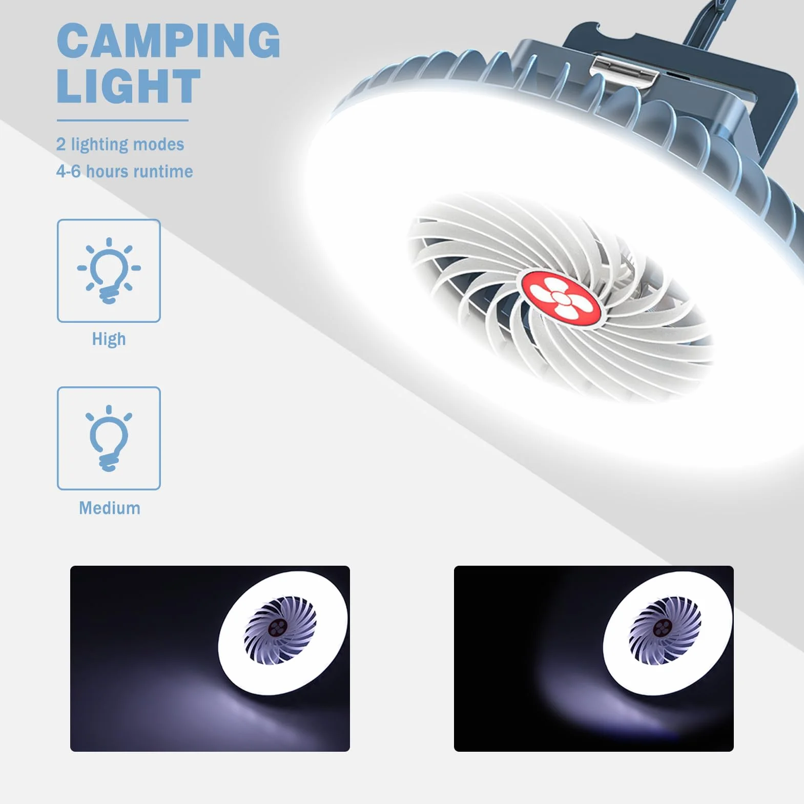 Lampe de camping LED avec ventilateur Rechargeable USB, Ventilateur de camping avec lumière, Tente lampe Lanterne Powerbank Accessoires de camping