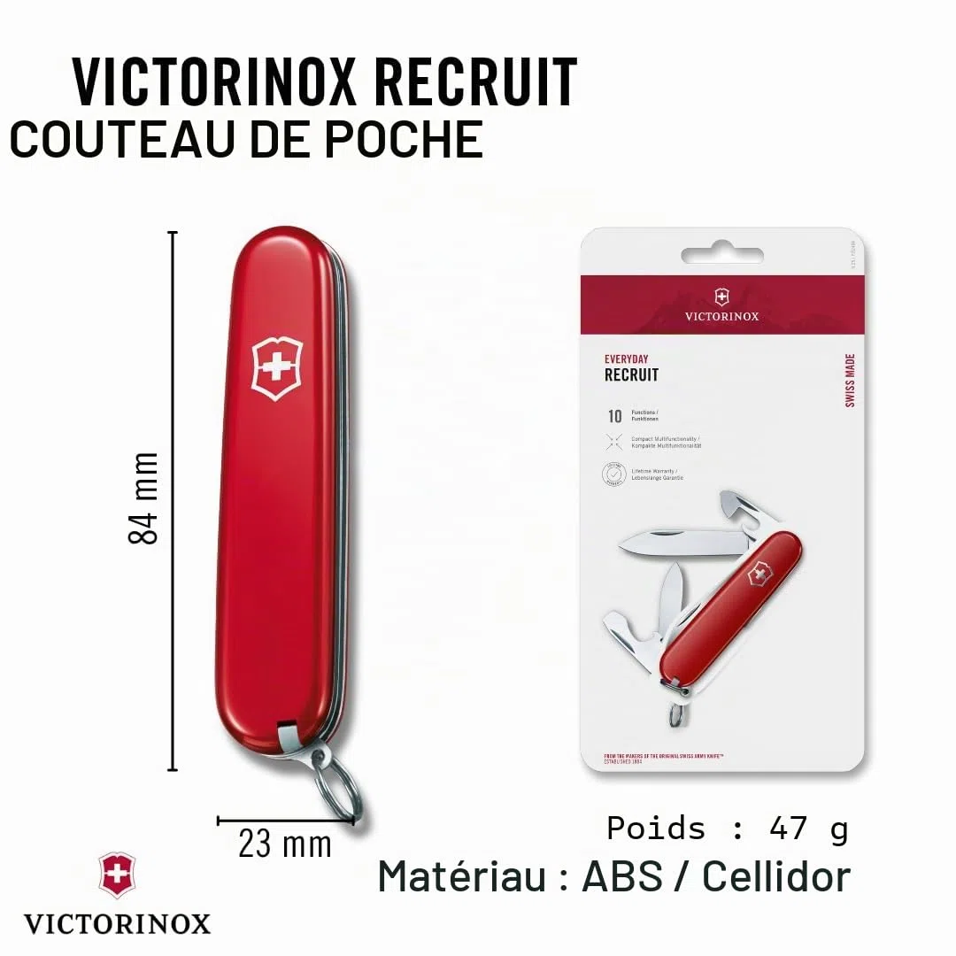 Victorinox, Recruit, Couteau de Poche Suisse, Multifonction, Léger, 10 Fonctions, Grande lame, Ouvre-boîtes, Tournevis 3 mm
