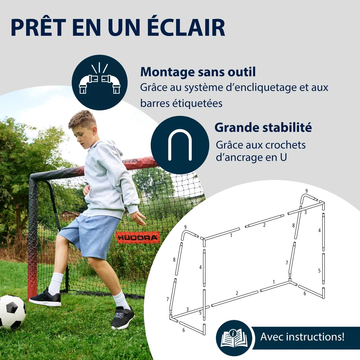 HUDORA But de Football Pro Tect Advanced – But avec Filet et enveloppe Tous Temps pour Enfants/Adultes – Montage Simple au Jardin – Cage de But avec Fermetures éclair et Bandes Velcro