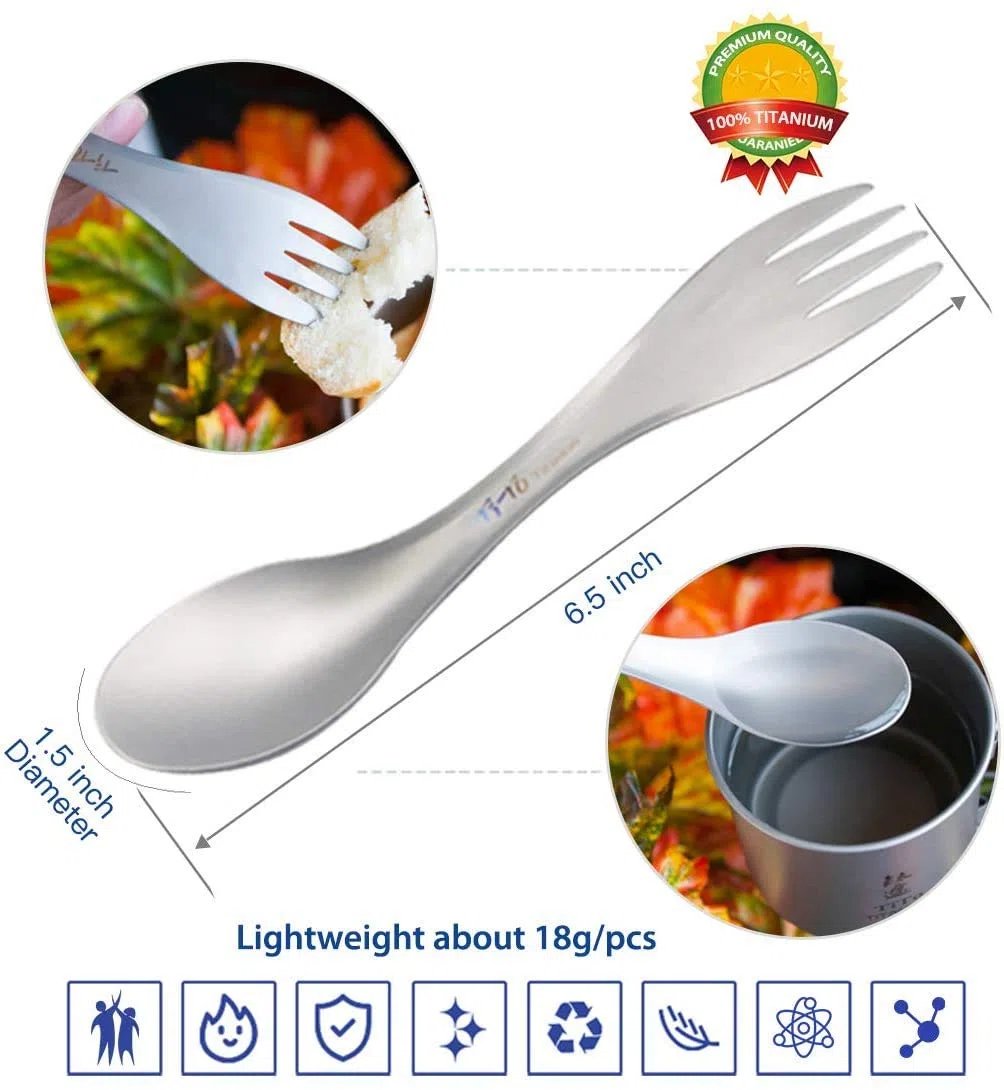 TiTo Titanium Fourchette et Cuillère en Titane 3 en 1 Ultraléger Portables Camping Multifonction Spork Cuillère Outdoor Camping Ustensiles Randonnée Pique-Nique