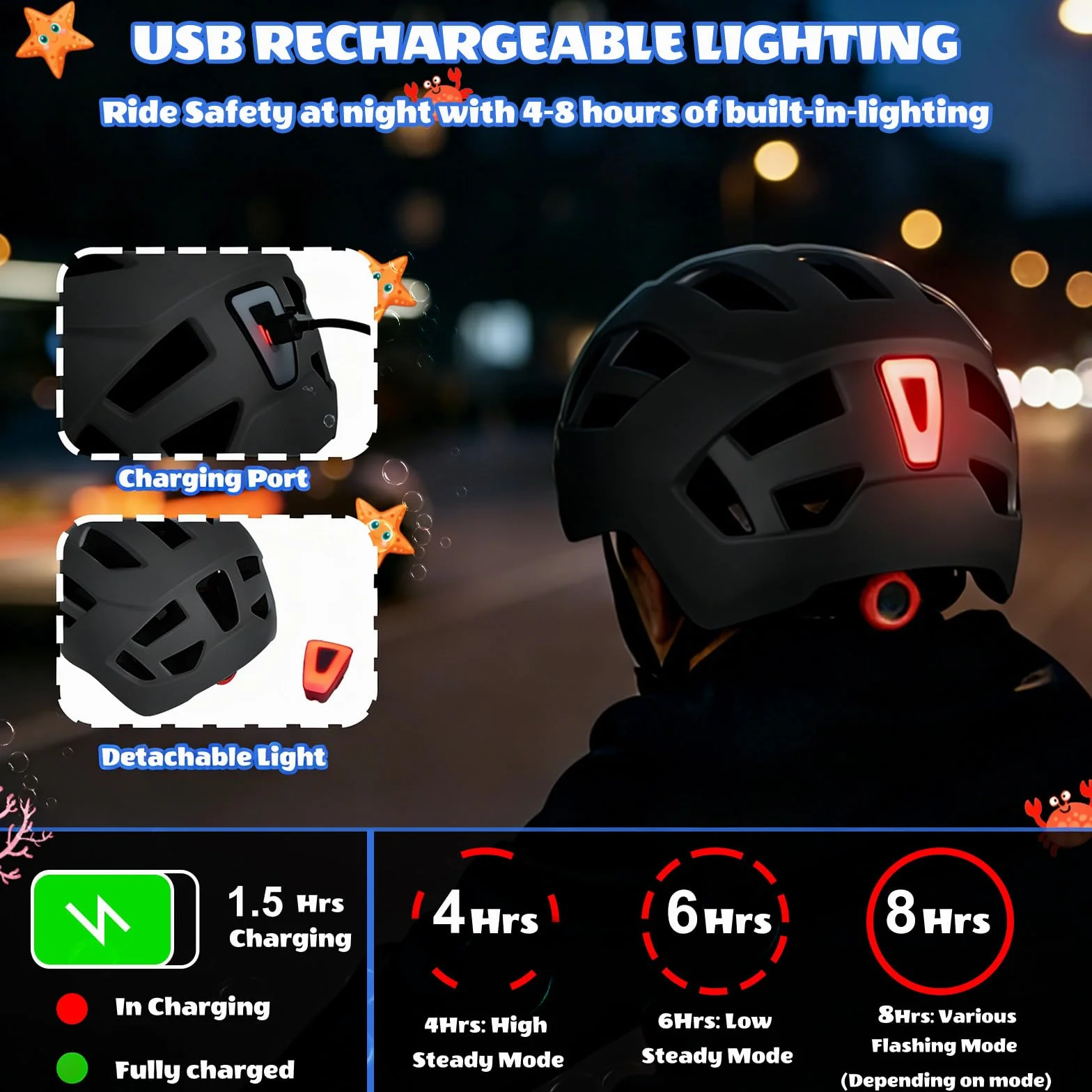 Casque de vélo avec feu arrière pour Enfants garçons et Filles, feu arrière Rechargeable de sécurité, réglables et légèr Casque pour Multi-Sports