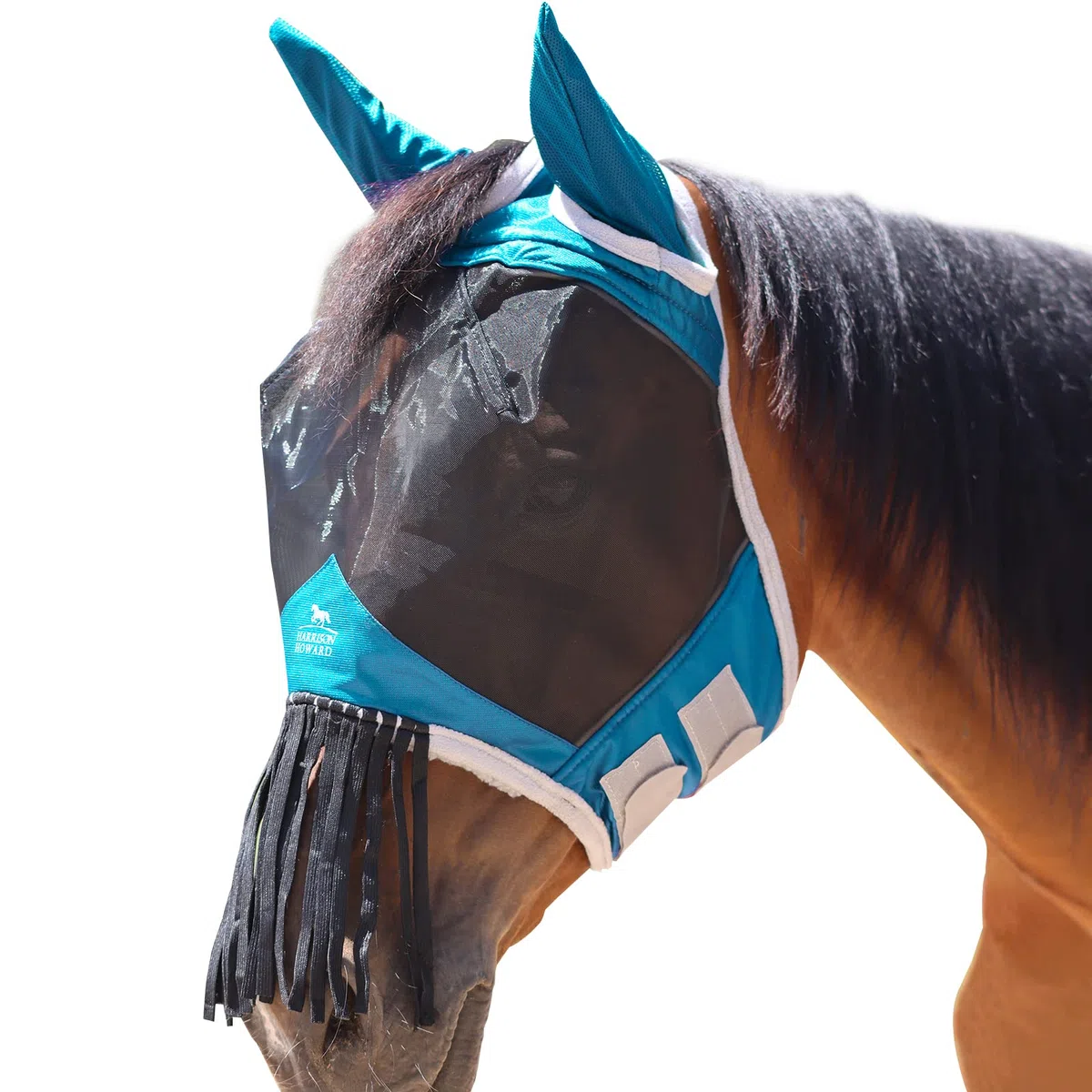 Harrison Howard CareMaster Masque Anti-Mouches pour Cheval avec Oreilles et Franges de Nez Bleu Ciel Taille complète