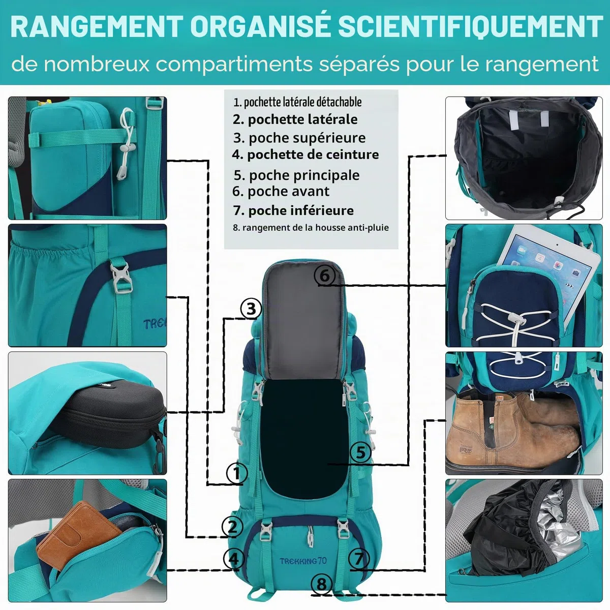 Bseash Sac à dos imperméable de 70 L (65 + 5) avec housse de pluie, sac à dos de randonnée pour sports de plein air, voyage, escalade, randonnée