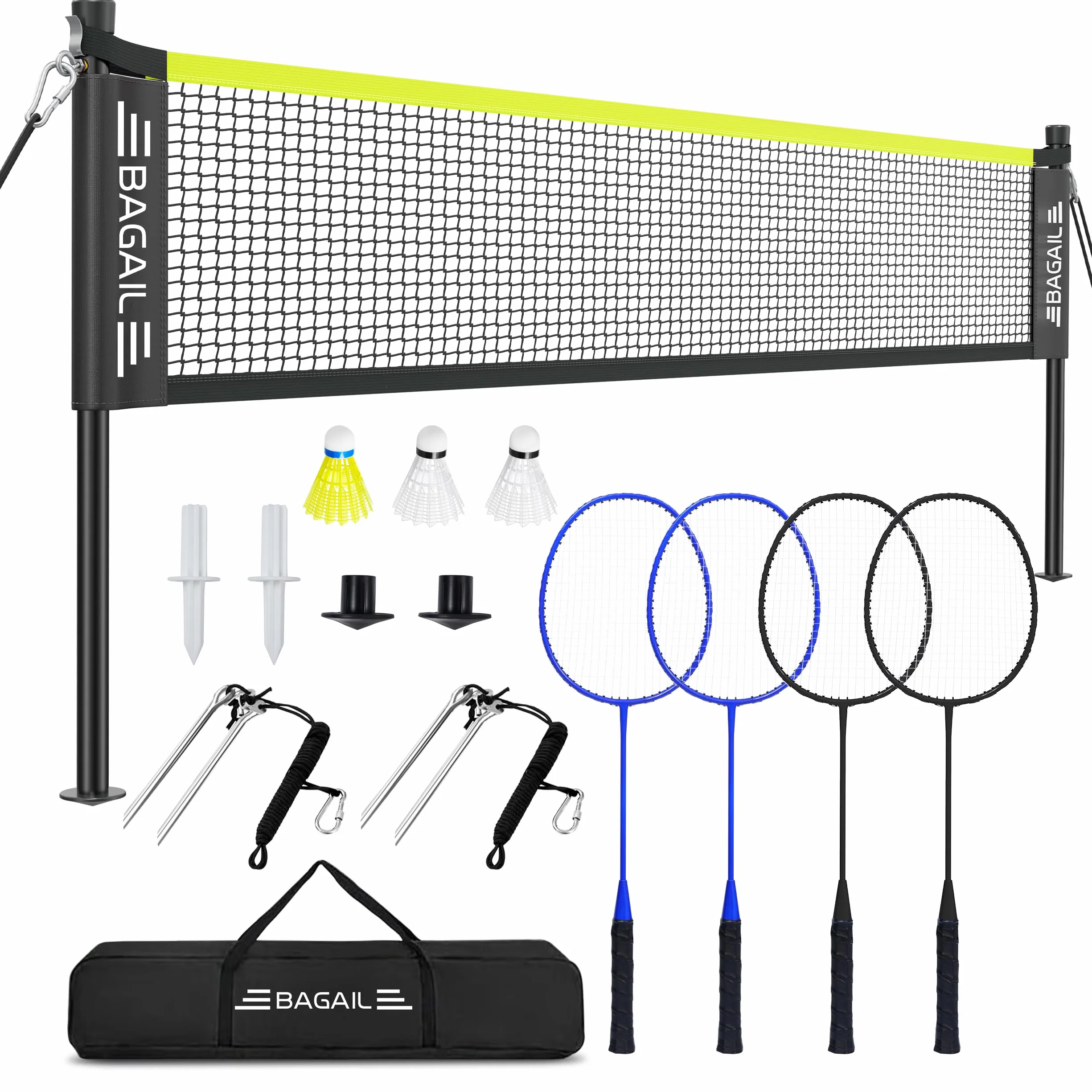 BAGAIL Filet de Badminton pour l'extérieur -Taille Officielle 20ft x 5ft, 4 Raquettes, 3 Balles de Badminton, Filet PE durable et Sac de Transport pour l'arrière-cour, la Plage et les Jeux en Famille.