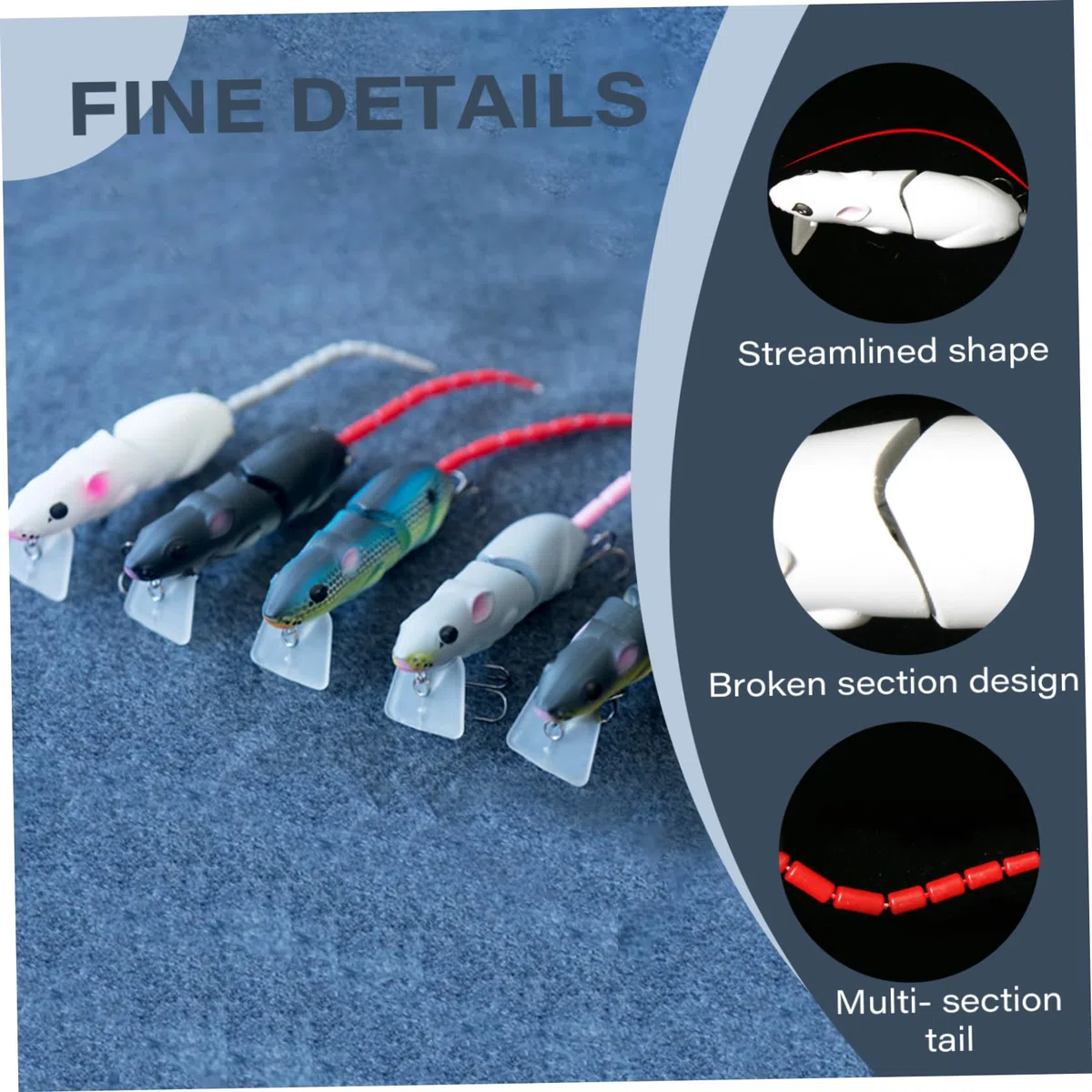 Lere de pêche Articulé 3,35, 5pcs Bionics Design Mouse Lures avec 2 Crochets aigus, Appât de pêche Professionnelle pour l'eau Douce et Salée