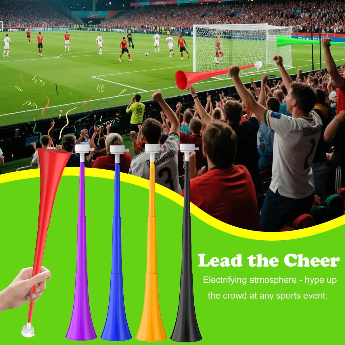 Klaxon de stade pliable de 61 cm Vuvuzela Noise Makers en plastique pour encourager les événements sportifs, les jeux de football, l'école, le sport, les fêtes, accessoires