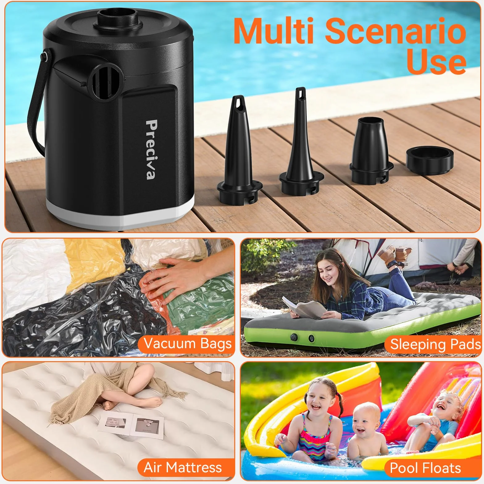 Preciva Pompe À Air Électrique avec Éclairage pour Gonflables - 5000mAh Pompe à Air Rechargeable À Gonfler/Dégonfler Rapide avec 3 Embouts pour Matelas, Piscine, Flotteurs de Piscine, Lit Pneumatique