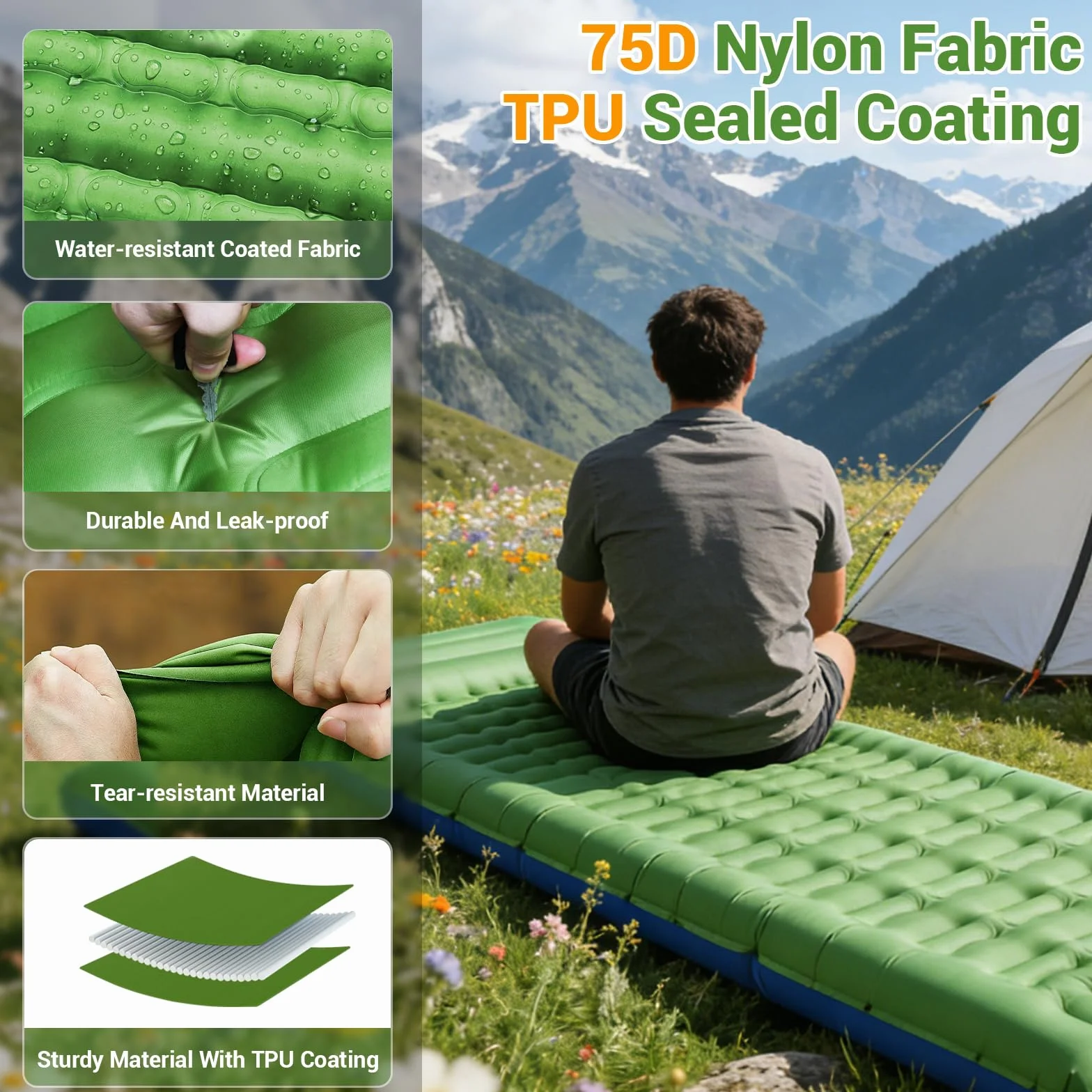 Matelas Gonflable 1 Place, Matelas Camping Gonflable Ultra Léger avec Oreiller et Pompe à Pied intégrée, Matelas Gonflable Extra-épais Résistant à l'Eau Portable pour Randonnée/Tente Bleu Verdâtre