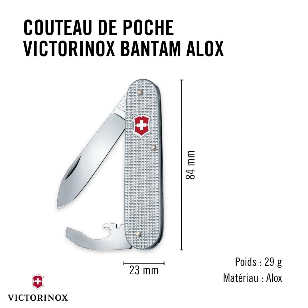 Victorinox Couteau de Poche Bantam, Petit, 5 Fonctions, Swiss Made, Outil Multifonction avec Lame, Ouvre-Boîtes, Tournevis, Argent
