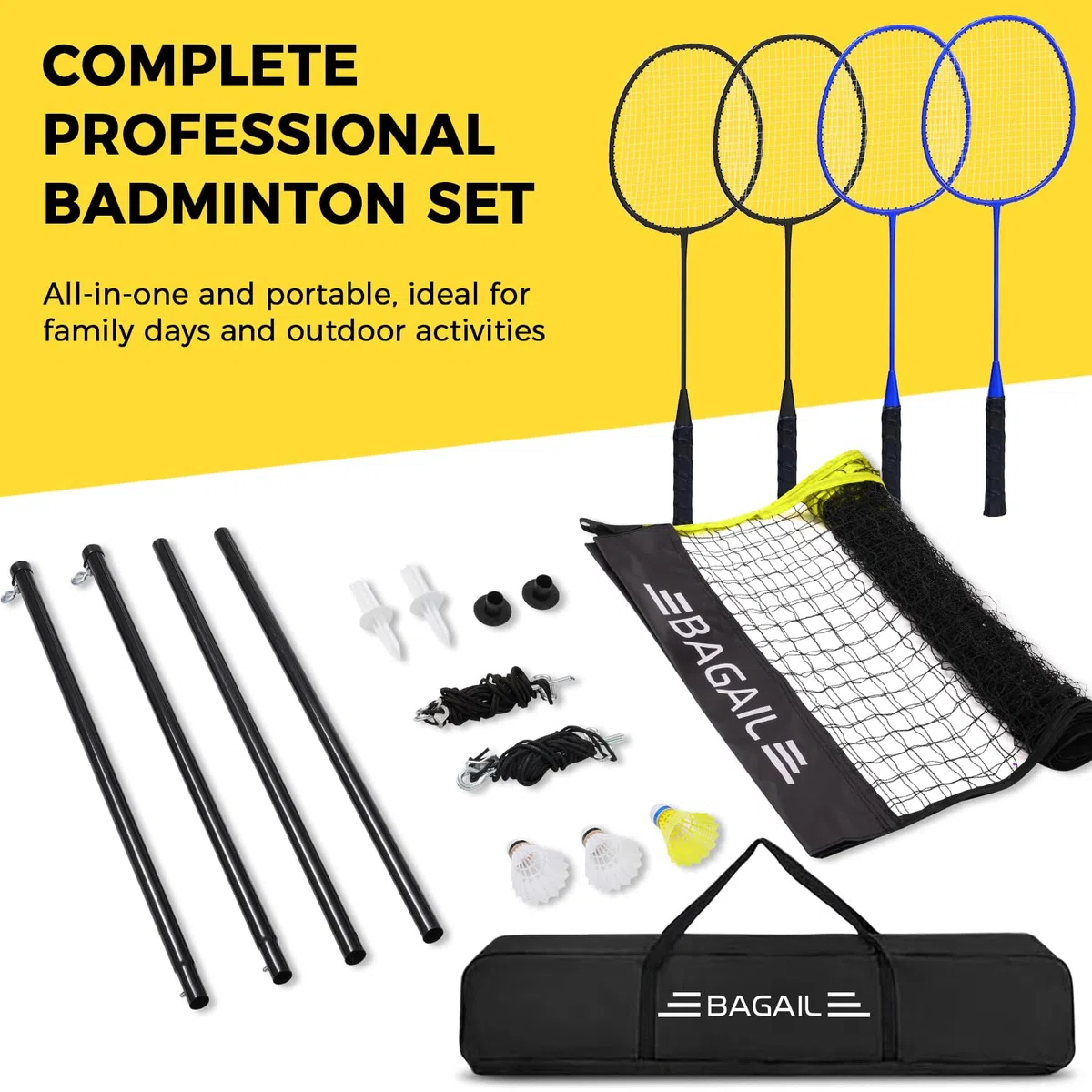 BAGAIL Filet de Badminton pour l'extérieur -Taille Officielle 20ft x 5ft, 4 Raquettes, 3 Balles de Badminton, Filet PE durable et Sac de Transport pour l'arrière-cour, la Plage et les Jeux en Famille.