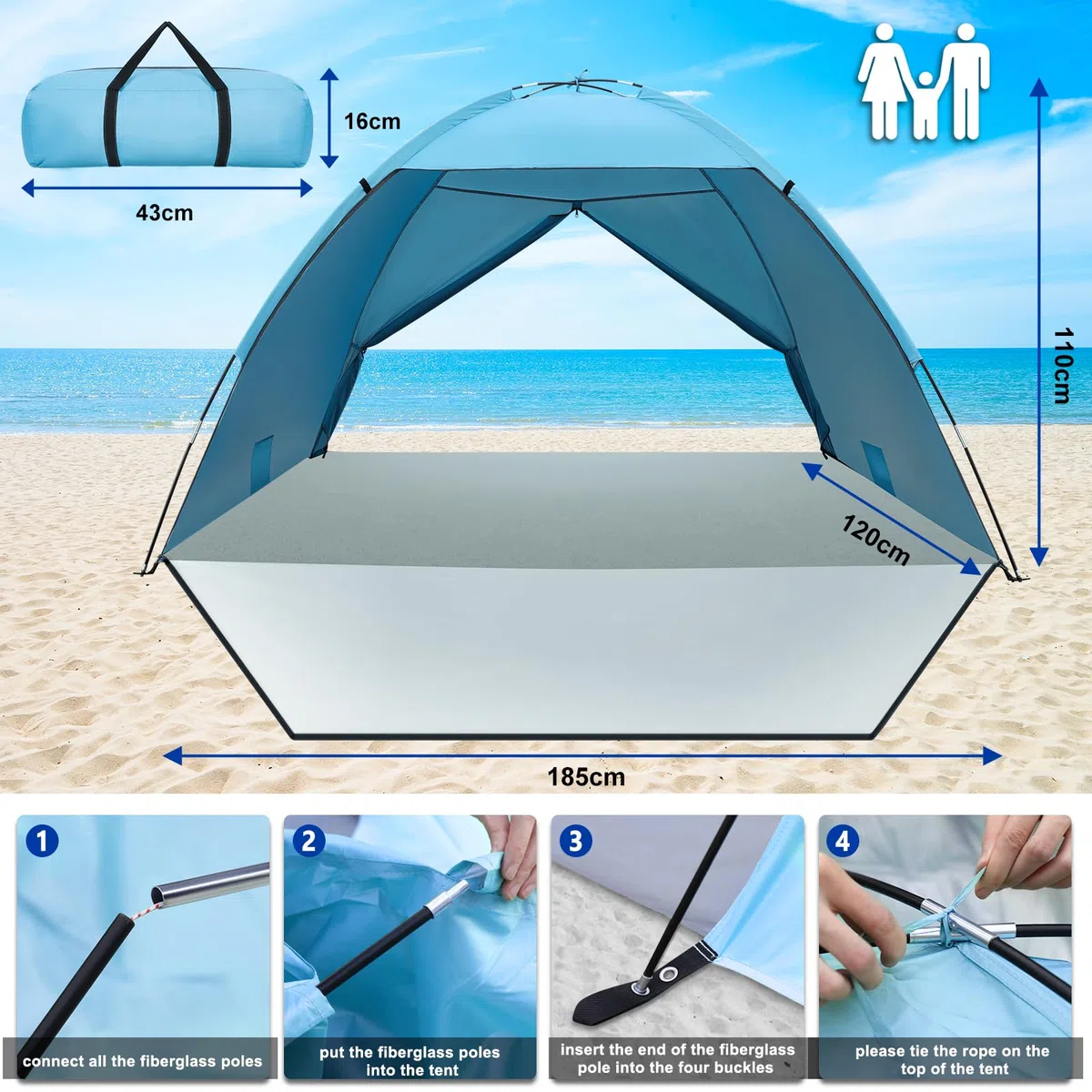Tente de Plage pour 1-3 Personnes, Tente de Plage Anti UV, Abris de Plage Tente de Camping Poids Léger, Facile à Installer et Portable, pour Camping, Pêche, Pique-Nique, Jardin