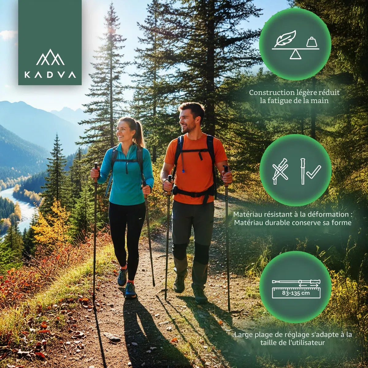 KADVA Bâtons de Marche Nordique Nordic Walking ARUKU Couleur Noir avec Taille Réglable 83-135 cm Système de Blocage Rotatif Twist Lock pour la stabilité et la sécurité