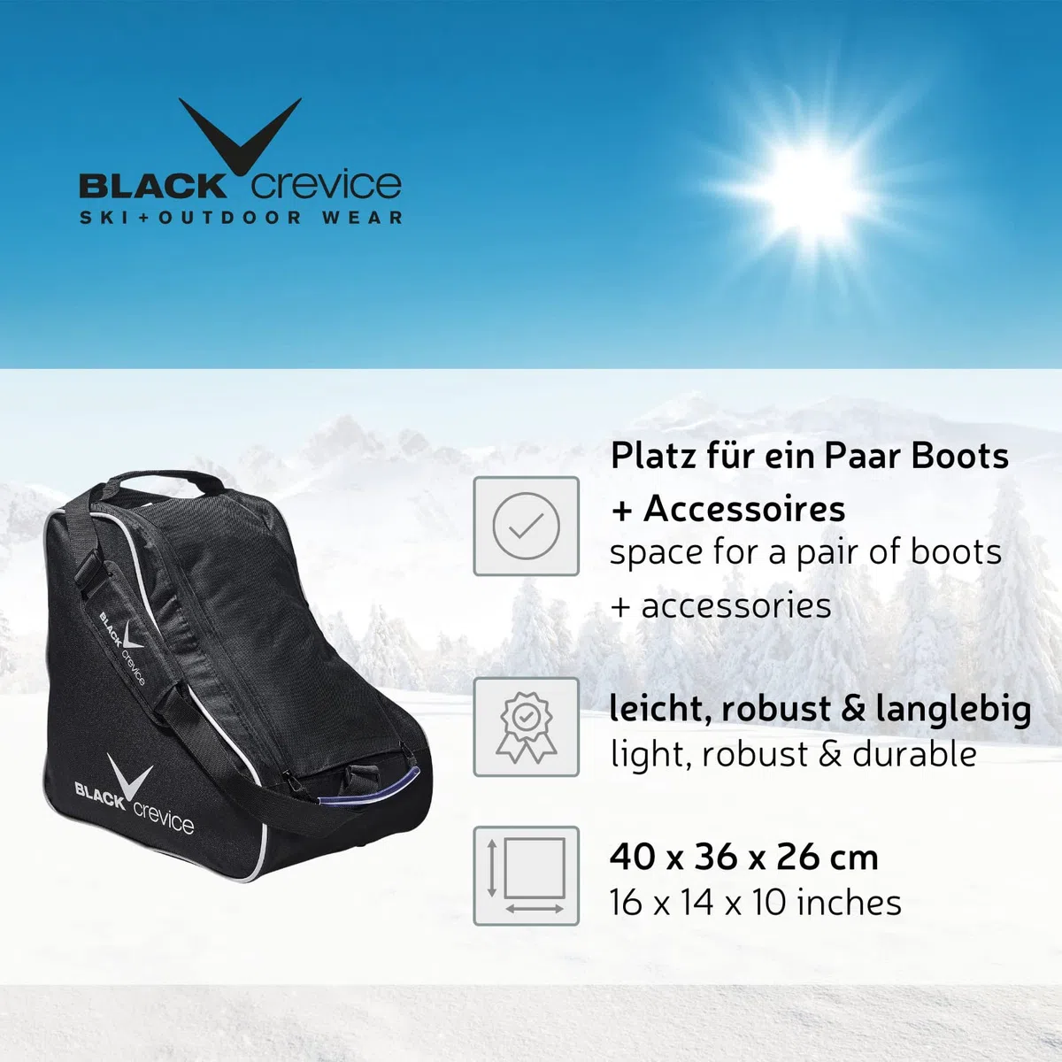 Black Crevice Sac pour Chaussures de Ski de Fond & Accessoires I avec Grande Ouverture & Fermeture éclair I Oeillets d'aération au Fond I 100% Polyester I Dimensions : 40x36x26cm