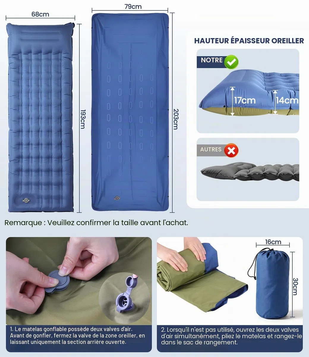 Matelas de Camping Gonflable Ultraléger, Gonflable Matelas Camping Simple avec Oreiller, Pompe à Pied Intégrée, Camping Matériel Portable pour Plage, Voyage, Randonnée