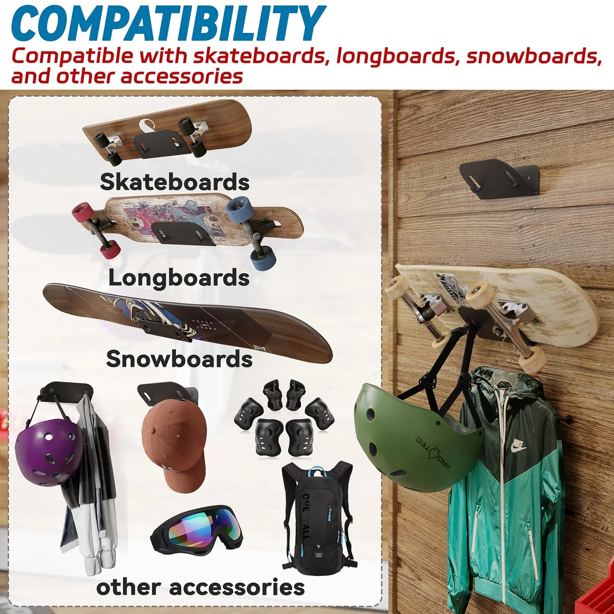 sciuU Support Mural Métal pour Skateboards Snowboards Longboards Skis Trottinettes - Étagère en Acier avec Crochets pour Casques et Équipement, pour Garage, Couloir et Maison