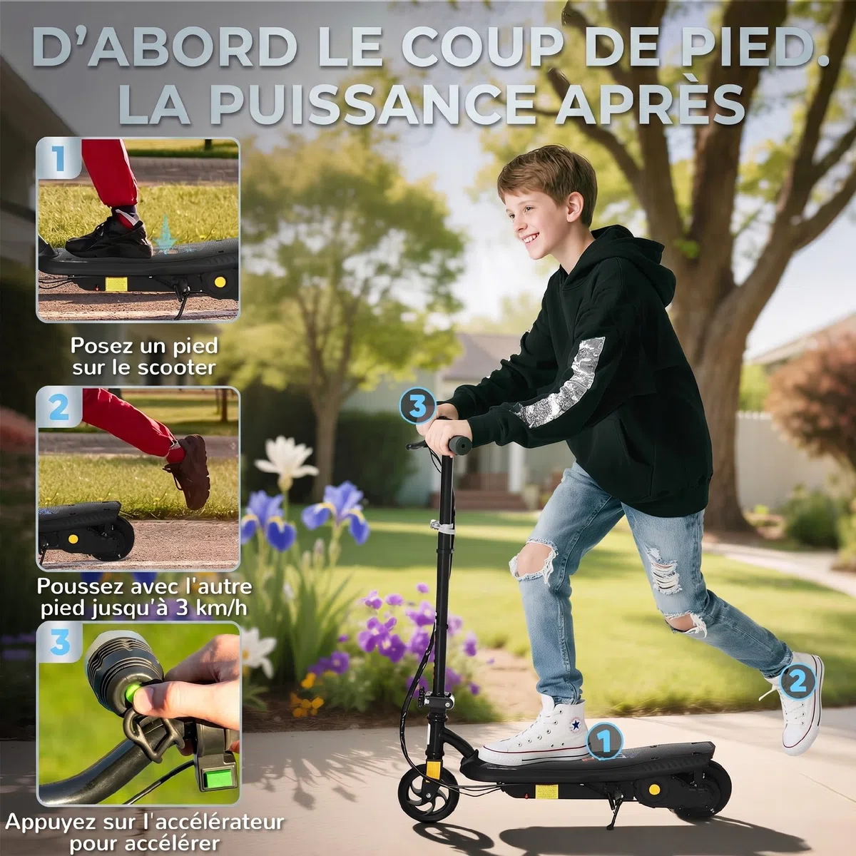 HOMCOM Trottinette électrique Pliable 120 W pour Enfant 7-14 Ans, autonomie Max. 10 Km, Vitesse jusqu'à 12 Km/h, Noir