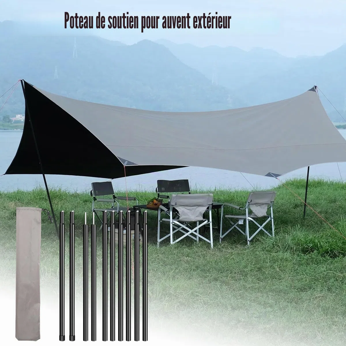 Lot de 2 Poteaux Télescopiques Réglables, Barres de Tente Télescopiques, Barre Tige de Tente Camping Telescopique, Piquets de Tente Télescopiques en Aluminium pour Bâche Tente, Voile D'ombrage Camping
