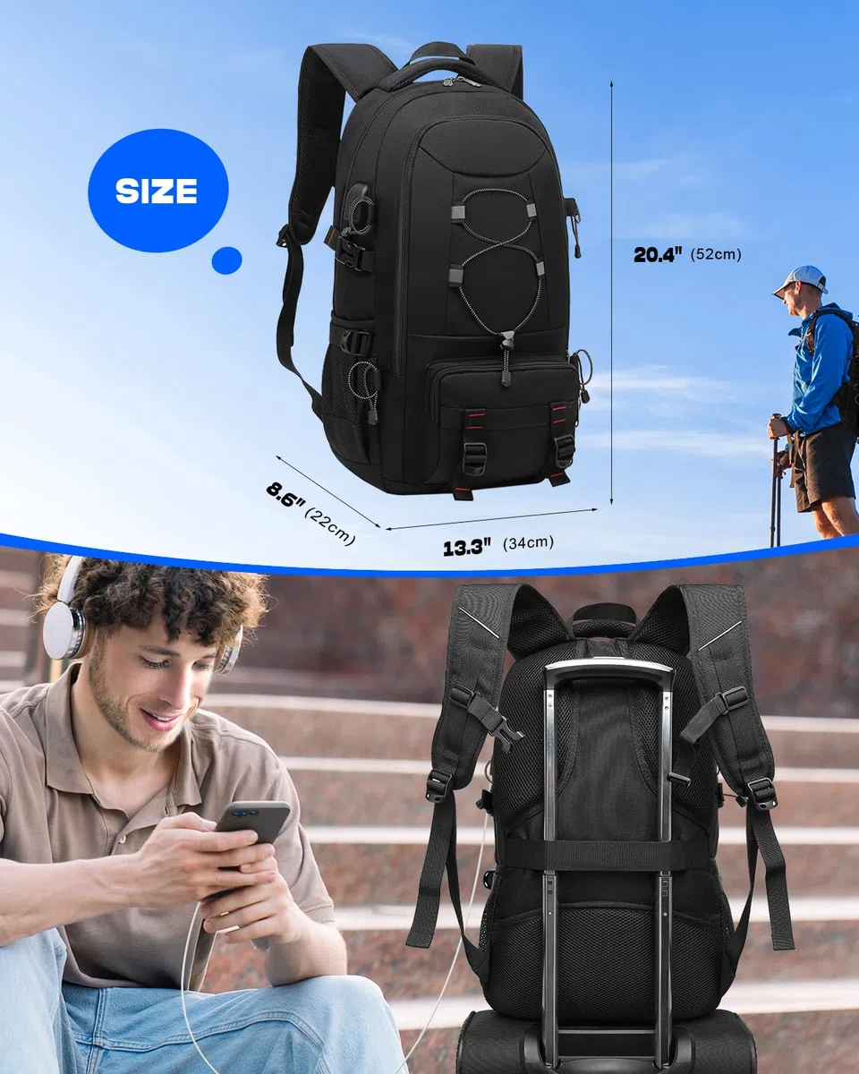 Sac à Dos Voyage, 45L Randonnée Imperméable Grande Capacité Sac à Dos Ordinateur Portable 17.3 Pouces Trekking Homme Femme pour Le Sports en Plein Air Camping -Noir