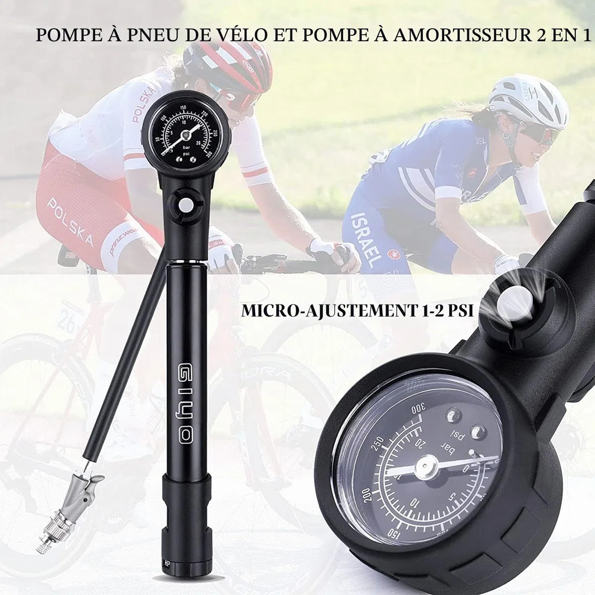 GIYO MTB-300psi Pompe à vélo Haute Pression pour Amortisseur et Fourche de Suspension Mini Pompe à vélo Portable avec Adaptateur de Valve Presta et Schrader