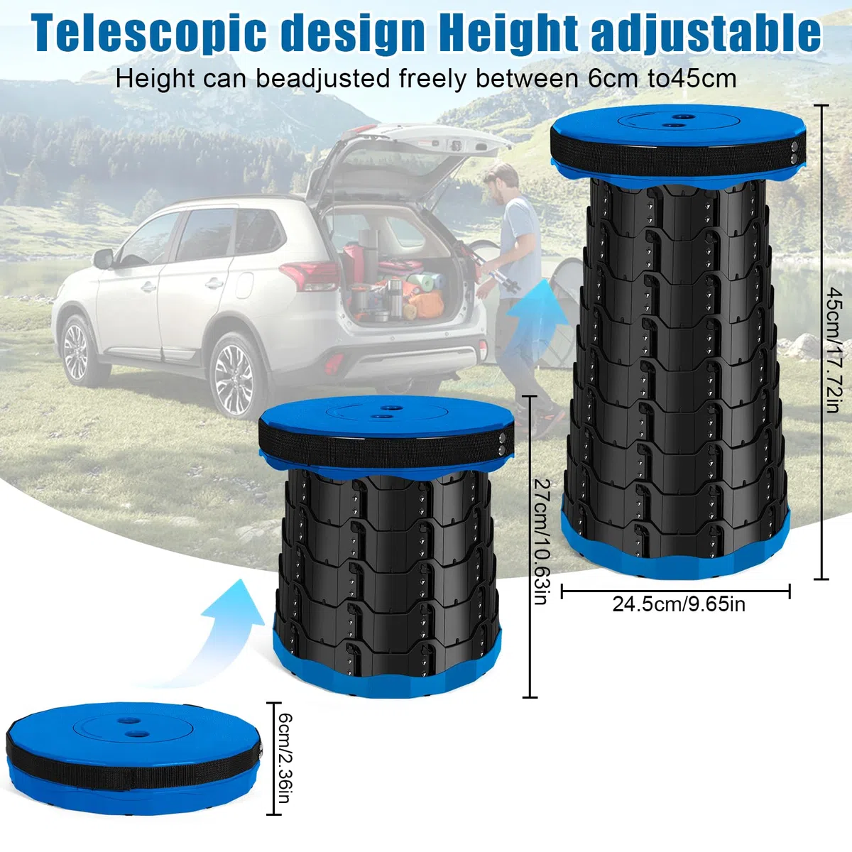 Tabouret Pliant Portable, Tabouret Télescopique, Tabouret de Camping Léger, Hauteur Réglable, pour Camping, Jardin, Cuisine, Randonnée, Pêche, Barbecue, Charge Maximale de 180 kg (Bleu, 1)