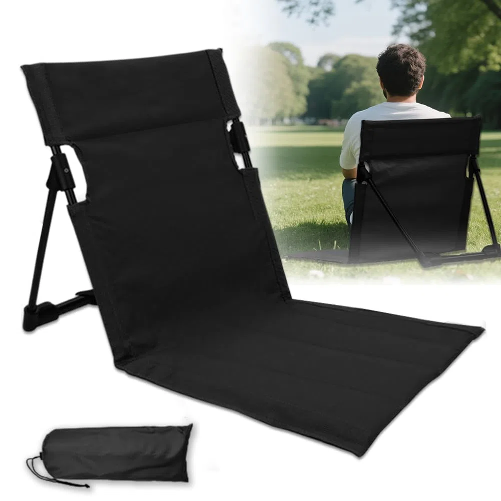 Chaise de sol avec dossier, natte de plage, fauteuil pliant, panier de plage, siège portable pour camping, pique-nique, activités de plein air, chaise de sol avec support (noir)