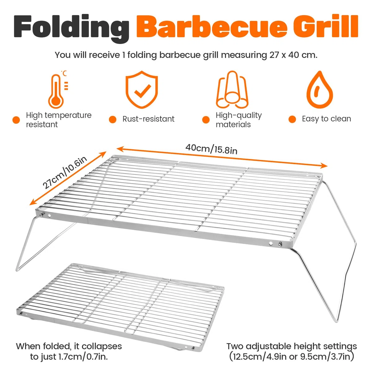 Grille pliable pour feu de camp en acier inoxydable avec hauteur réglable, équipement de cuisson portable pour feu de camp, 40 x 27 x 12,5 cm