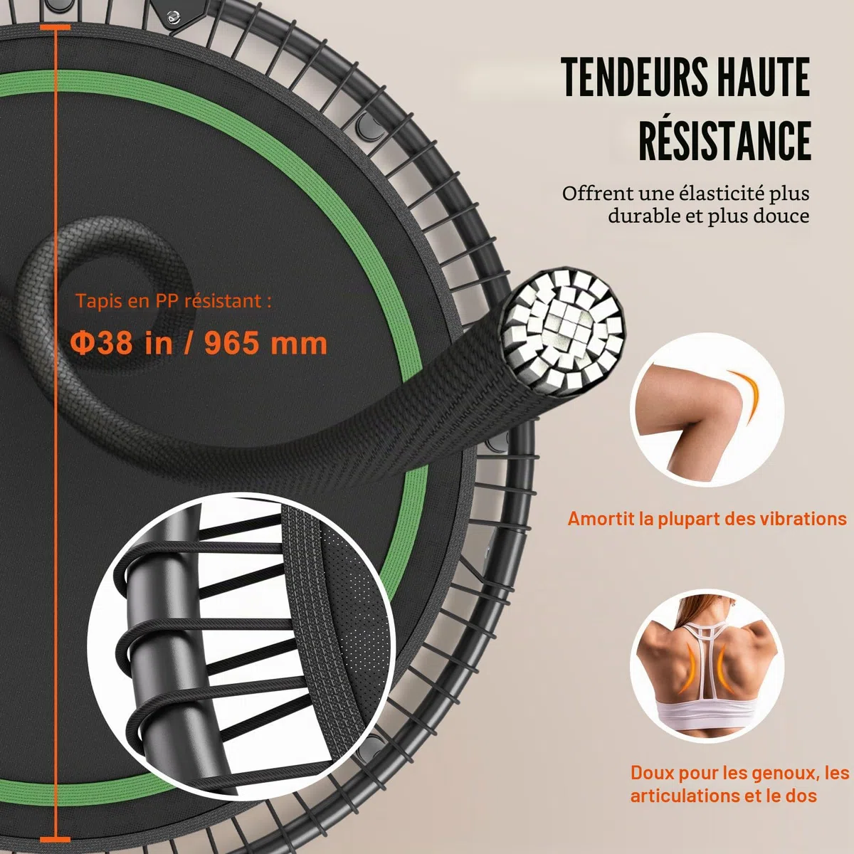 VEVOR Mini Trampoline Pliable, 1290 mm, Fitness rebounder, Charge Max. 205 kg, Stable et Silencieux avec poignée en Mousse réglable en Hauteur à 4 Niveaux, pour entraînement intérieur/Jardin Adultes