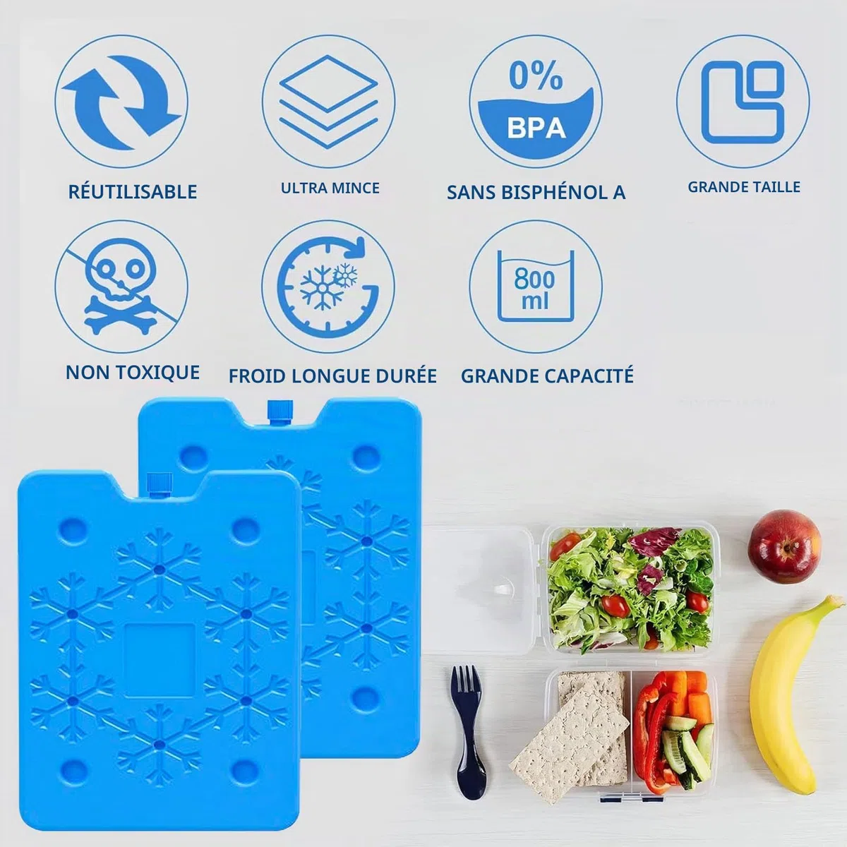 Lot de 3 grands blocs réfrigérants de 800 ml - Blocs réfrigérants plats réutilisables, éléments réfrigérants pour sac isotherme et glacière - Extra fins et longue durée de refroidissement