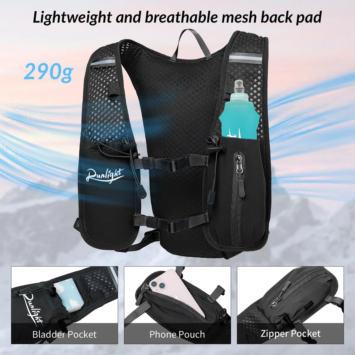 Gilet de course, sac à dos à eau léger avec bouteille souple de 500 ml, sac à dos de course pour hommes et femmes, sac à dos d'hydratation pour la randonnée, le cyclisme pour hommes et femmes