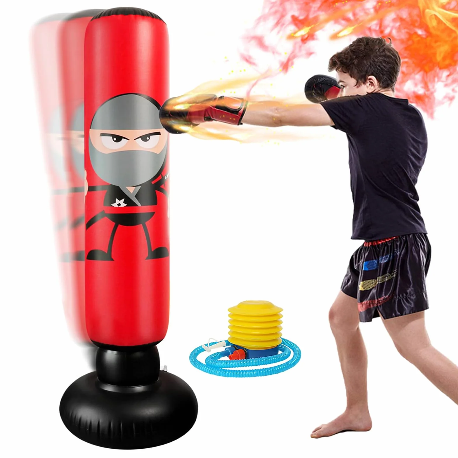 Punching Ball Enfants Sac de Boxe Gonflable Enfant 160cm avec Pompe à air Sac de Frappe Enfant sur Pied Sac de Frappe sur Pied pour Boxe, Kickboxing, Karaté et Soulagement du Stress.