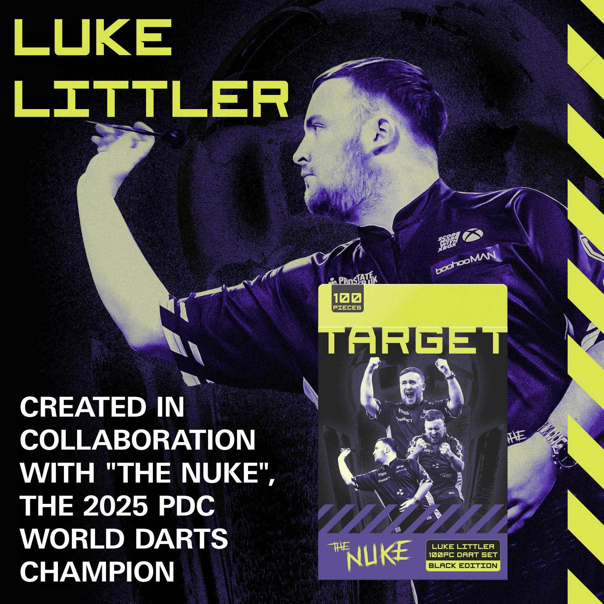 Target Darts Luke Littler Laiton avec Pointes Fixes en Acier Fléchettes, 22G | Tiges Pro Grip et Ailettes Pro Ultra N° 2 | Jeu de Fléchettes Professionnel 100 Pièces Accessoires Tous