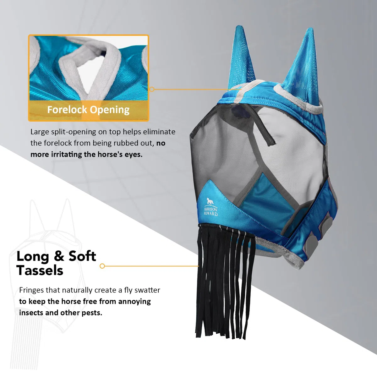 Harrison Howard CareMaster Masque Anti-Mouches pour Cheval avec Oreilles et Franges de Nez Bleu Ciel Taille complète