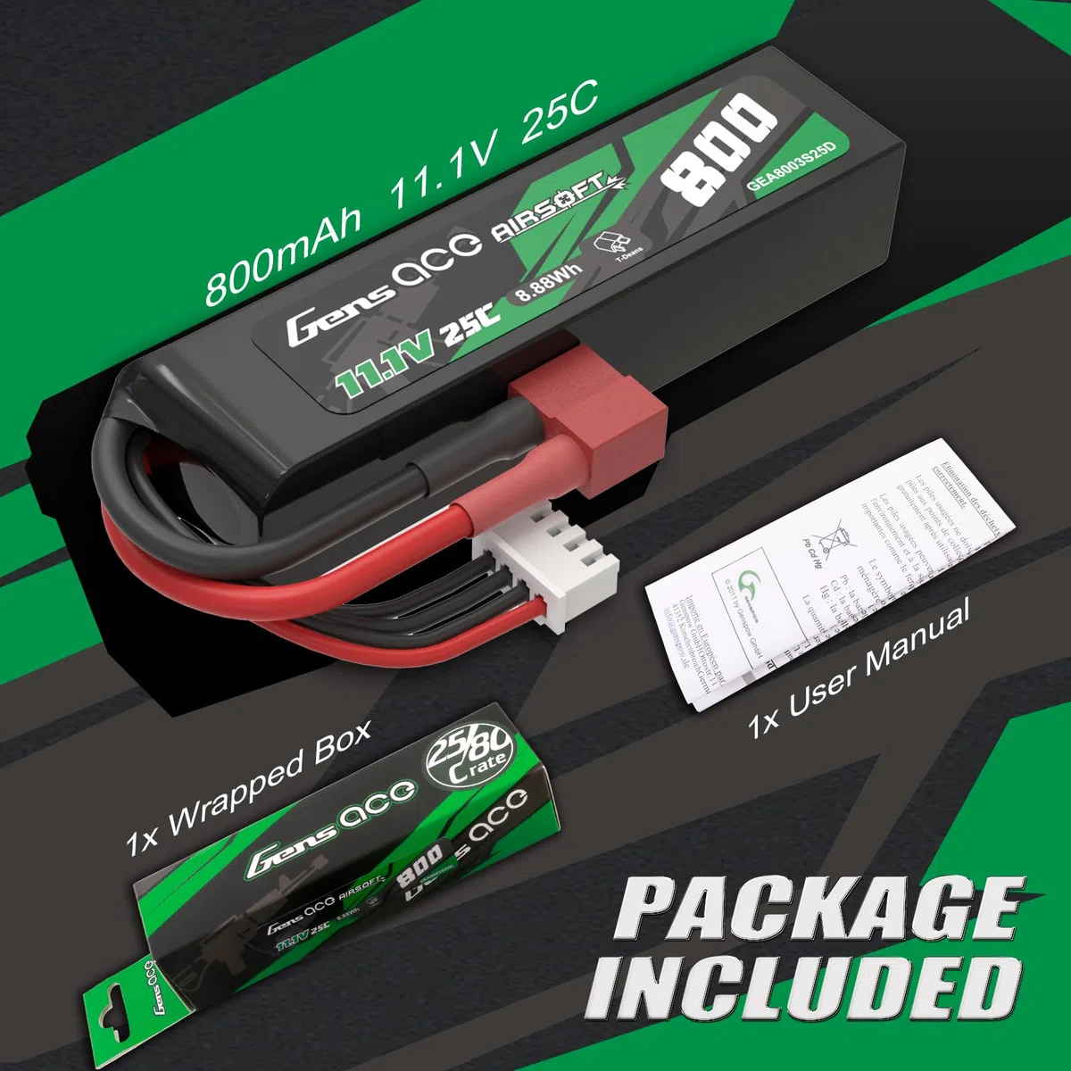 Gens Ace 3S 11,1V 800mAh 25C Batterie LiPo avec Connecteur T-Plug (Deans), Batterie Rechargeable pour Modélisme et Loisirs, Format Compact Stick