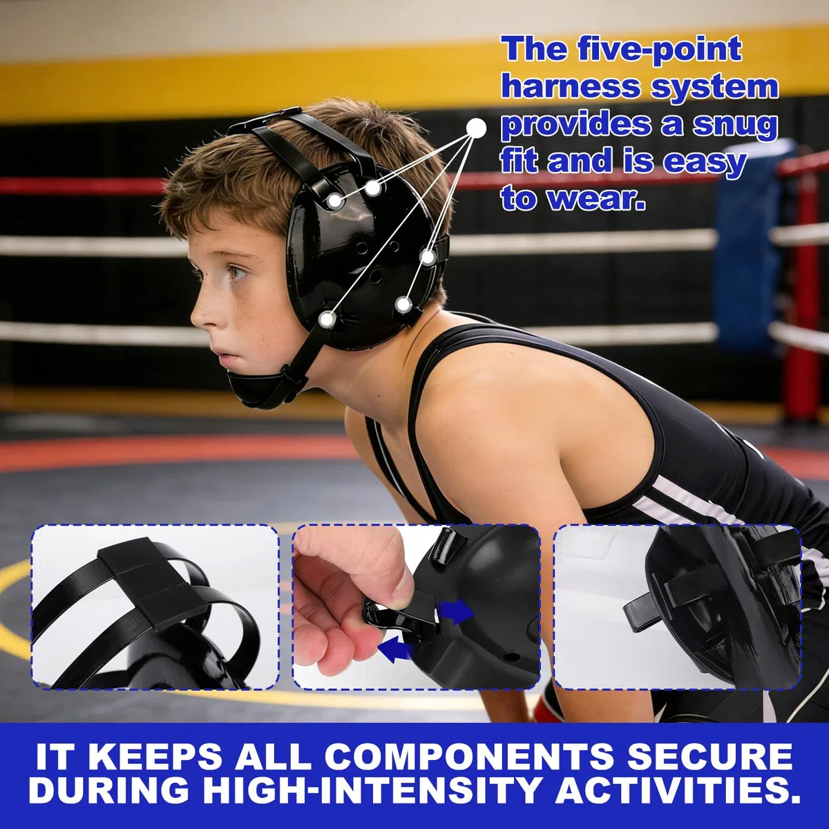 Jeunesse Lutte Protège-Tête, Ajustable Enfants Oreille Garde avec Système Sangle 5-Points Léger Casque Protection pour Garçons & Jeunes Lutteurs Entraînement et Compétition (Noir)