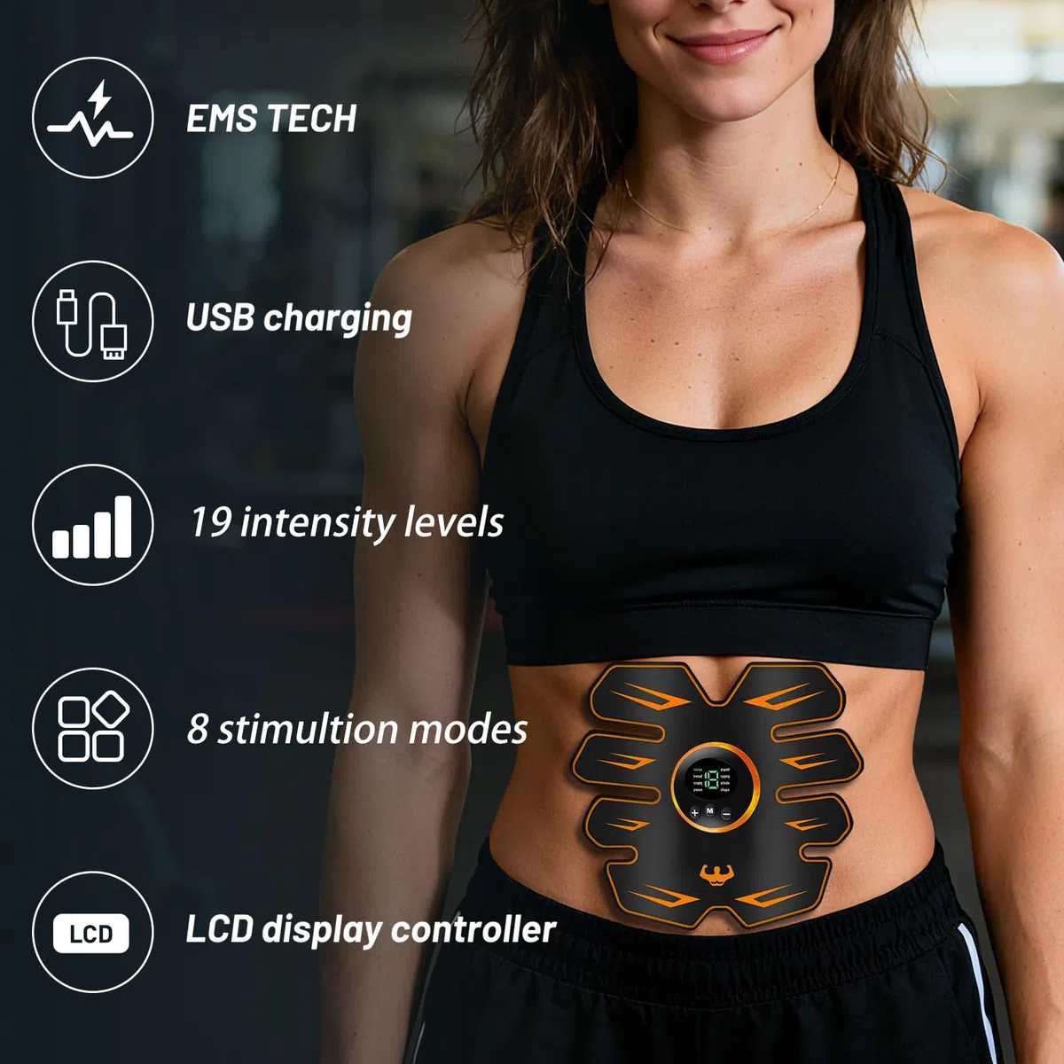 Stimulateur Musculaire EMS, Ceinture Abdominale Électrostimulation, 8 Modes 19 Niveaux, Appareil de Musculation pour Abdomen/Bras/Jambes, Femme Homme